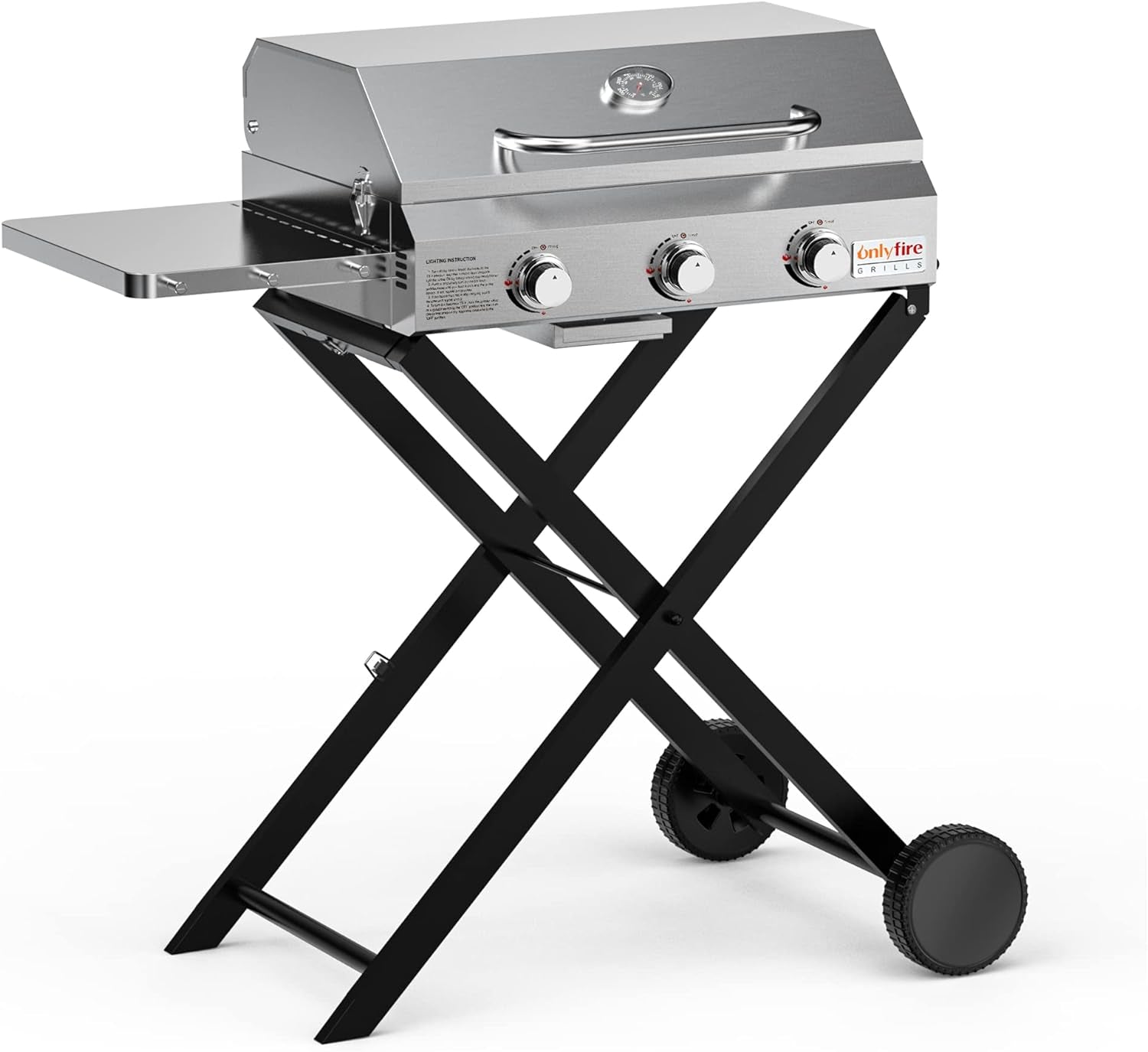 Onlyfire BBQ Gas Grill 3 Burners with Foldable Cart & Wheels for Easy Transport, Stainless Steel Portable Propane Grill with Side Shelf for Outdoor Kitchen, Patio Backyard Barbecue Camping, 4FT Hose