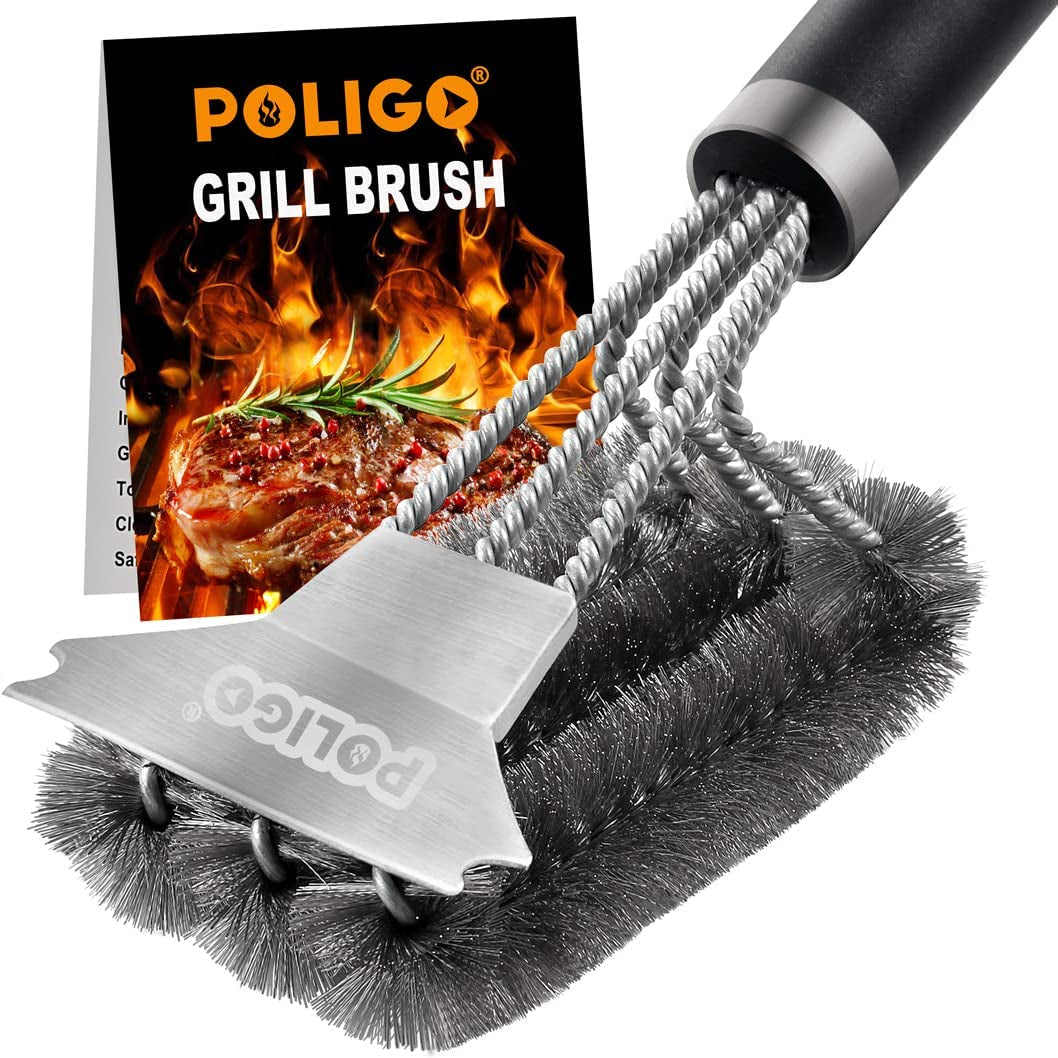 POLIGO Grill Brush and Scraper with Deluxe Handle - Safe Wire Stainless Steel BBQ Brush for Gas Infrared Charcoal Porcelain Grills - Ideal Gift BBQ Grill Cleaning Brush for Grill Wizard Grate Cleaner