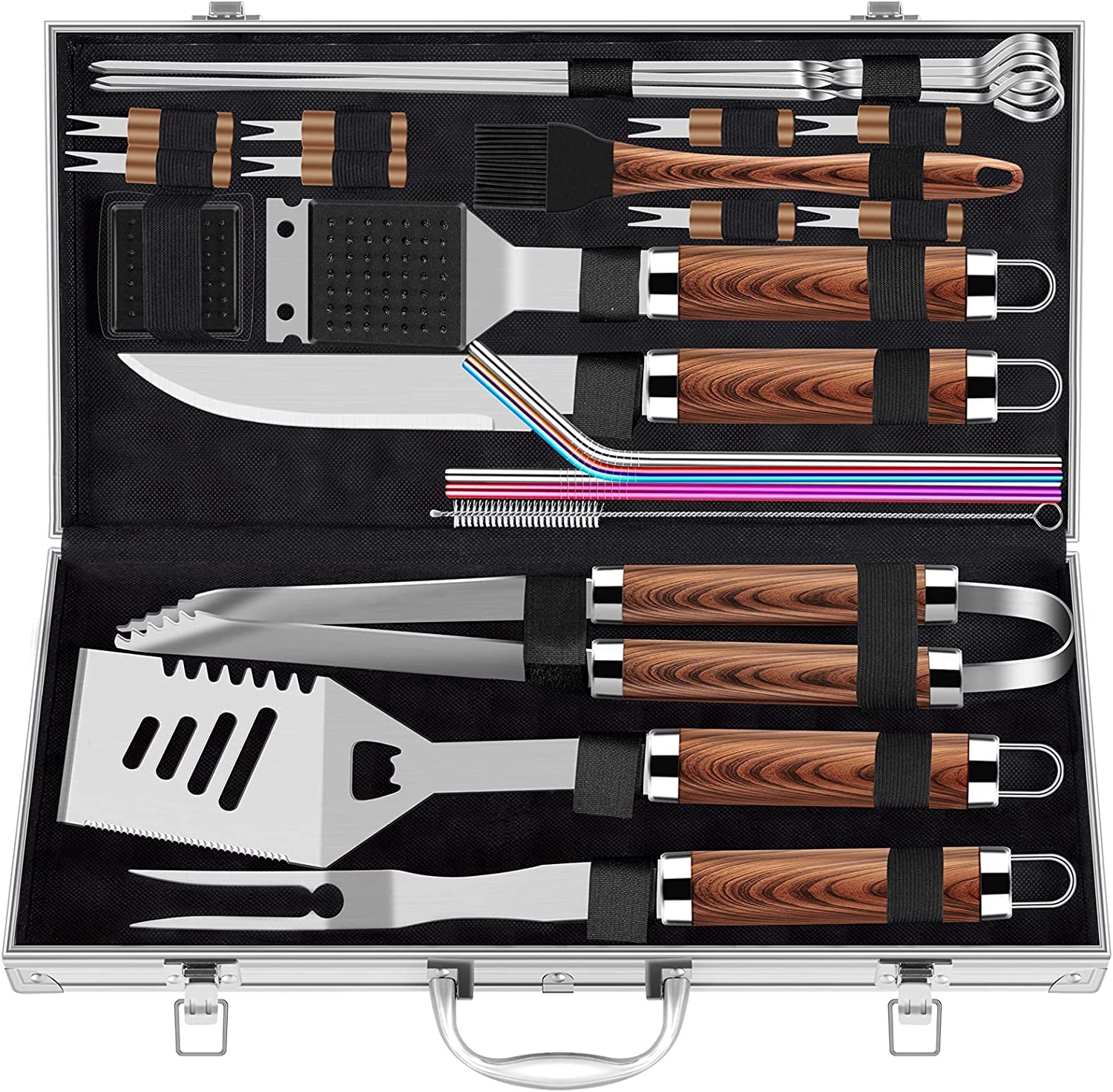 ROMANTICIST 25Pcs Extra Thick Stainless Steel Grill Tool Set for Men, Heavy Duty Grilling Accessories Kit for Backyard, BBQ Utensils Gift Set with Spatula,Tongs in Aluminum Case for Birthday Brown