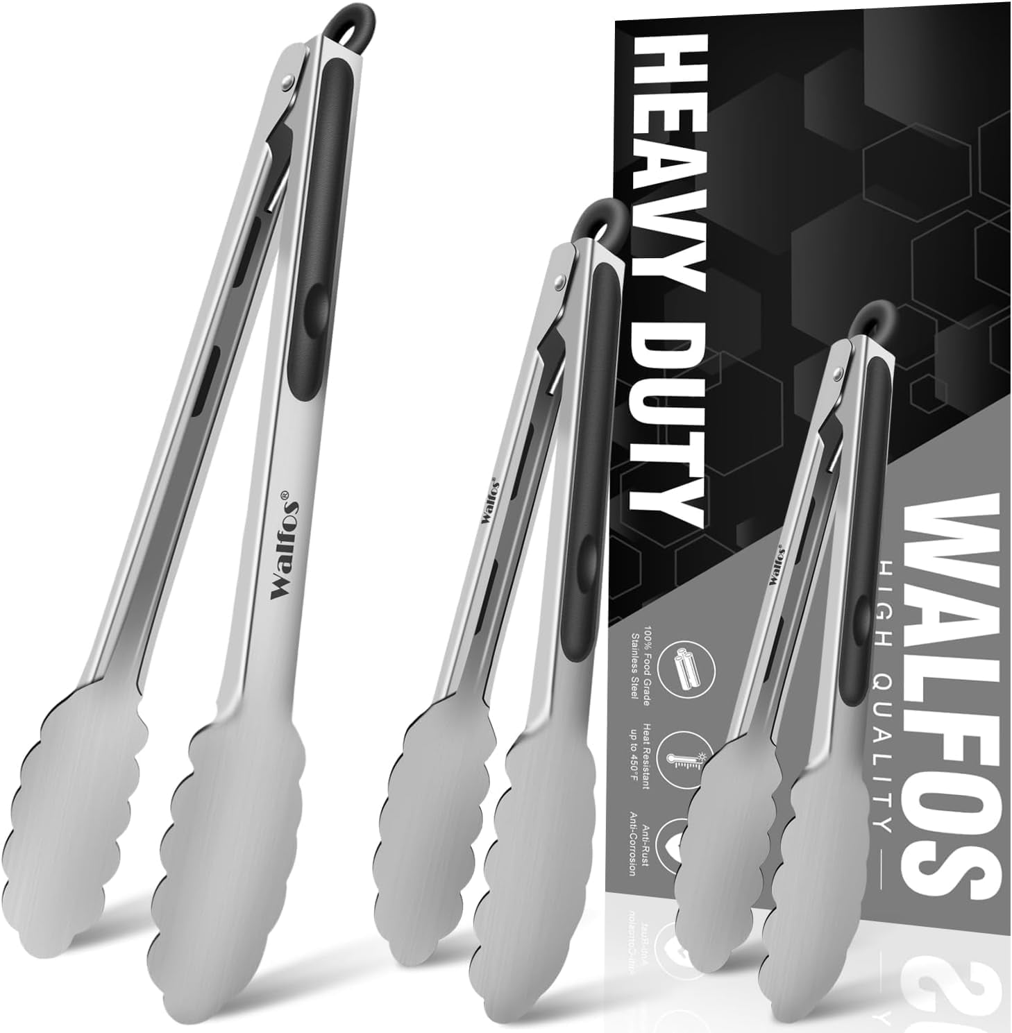 Walfos Kitchen Tongs-7",9" and 12" Heavy Duty Food Tongs, 430 Premium Stainless Steel and Non-Slip Heat Resistant Handle-Great for Cooking,Grilling,Turning and Barbecue,Locking Kitchen Tongs（3 Pcs）