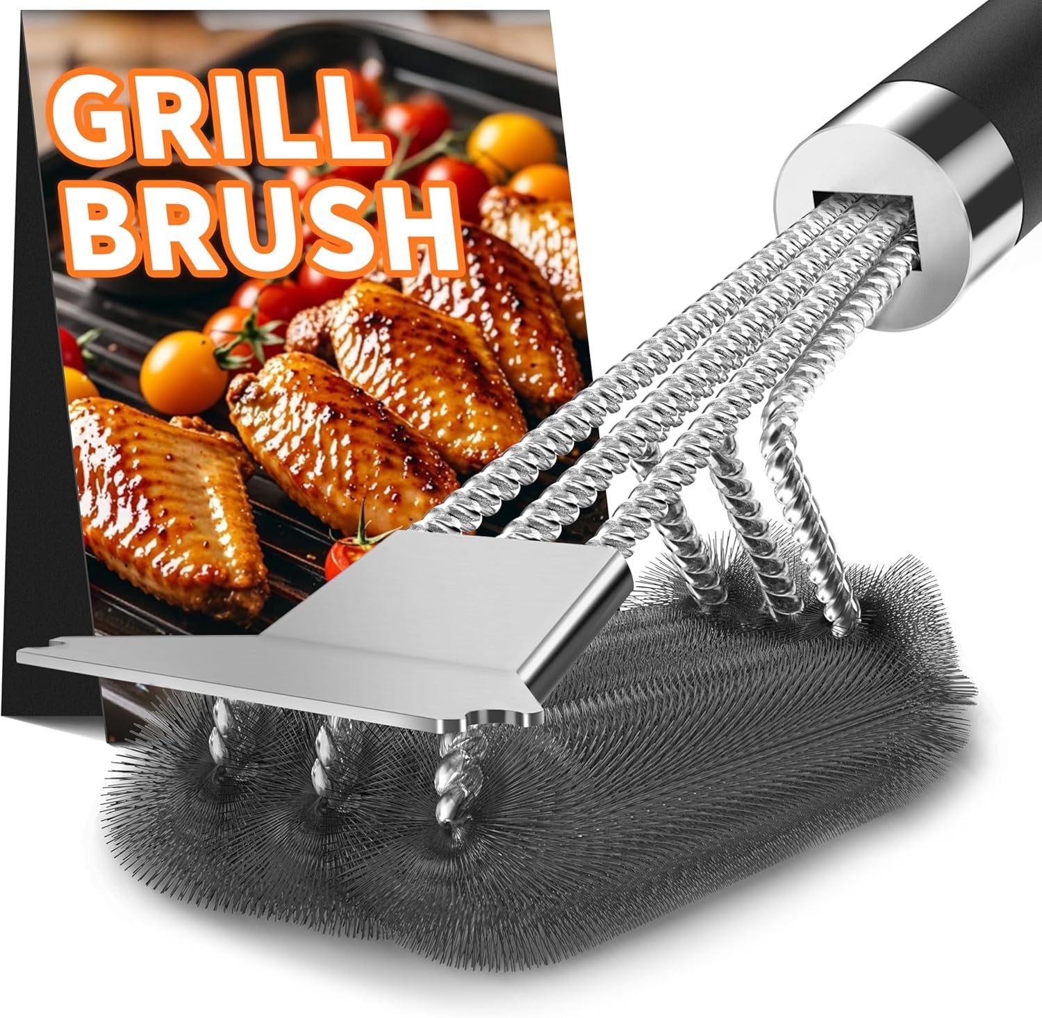 18" Triangle Metal BBQ Grill Cleaning Brush with Scraper, Heavy Duty 3-Branch Stainless Steel Barbecue Bristles Cleaner for Easier and Effective Clean - Matte Black