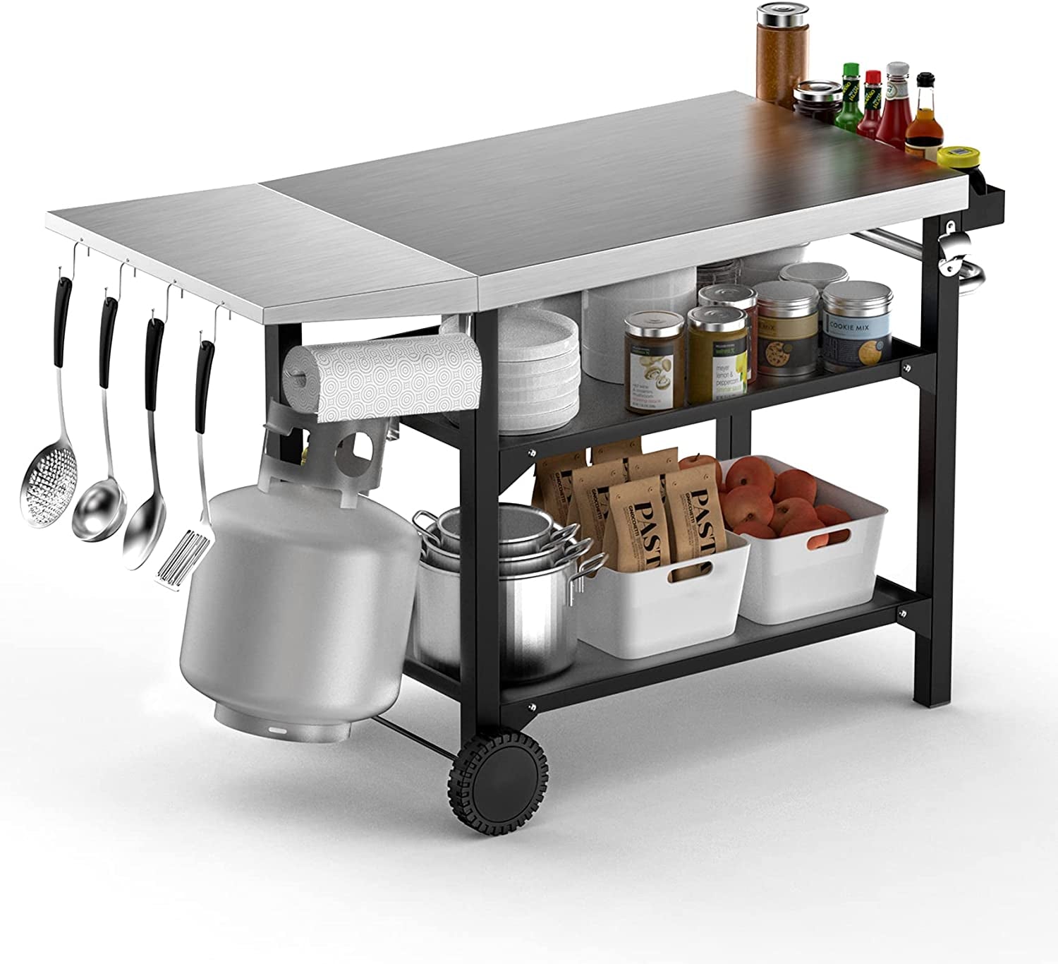 Onlyfire BBQ Trolley Food Prep Table Stainless Steel, Flattop Worktable with Side Table, Two-Layer Steel Basket and Utensil Holder