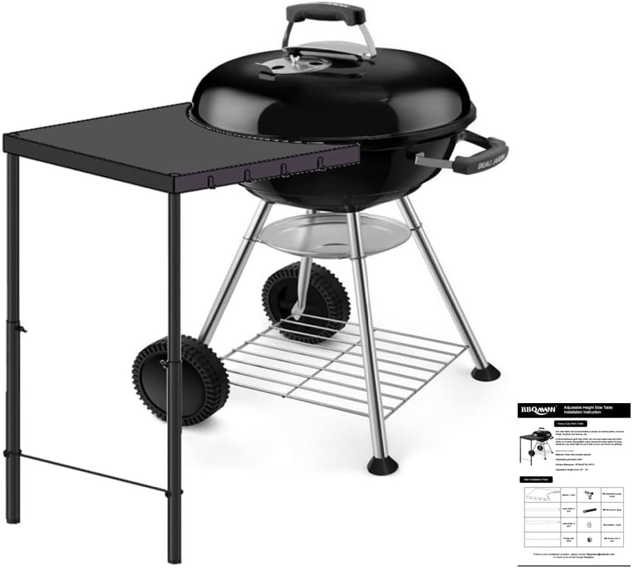 BBQMANN Side Table for 18", 22" Weber Kettle Grill, Heavy Duty Portable Side Shelf for Charcoal Kettle Grill, Outdoor Barbecue Worktop with Adjustable Leg