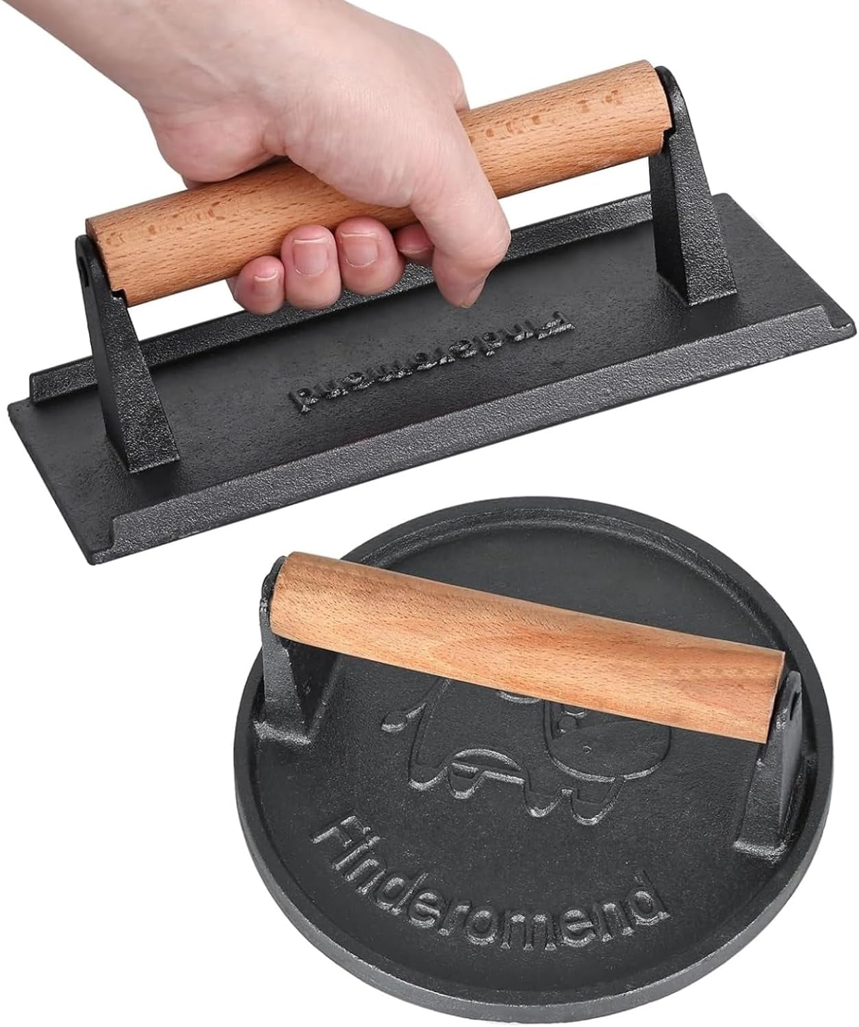 Finderomend 2 Pack Hamburger Press,Cast Iron Grill Press,Heavy Duty Smash Meat,Bacon,Steak & Burger Press with Wooden Handle for Blackstone Pitboss Weber Treager Griddle (Round & Rectangular)