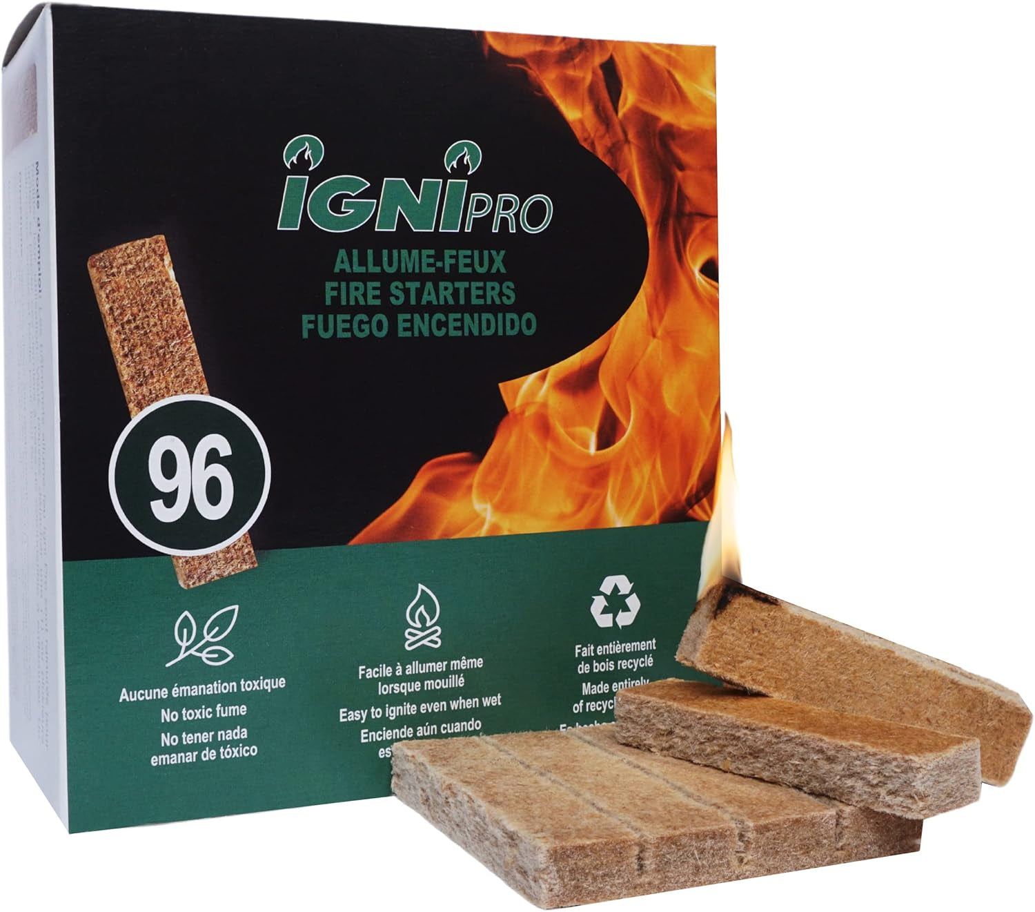 Fire Starters 96 Pcs. Made in Canada. Clean, Efficient, Ecologic, Odourless, Waterproof. Great for Camping, Firestoves, BBQ, Charcoal. Easy to Ignite. Non Toxic. Made from Recycle Wood and Wax (96)