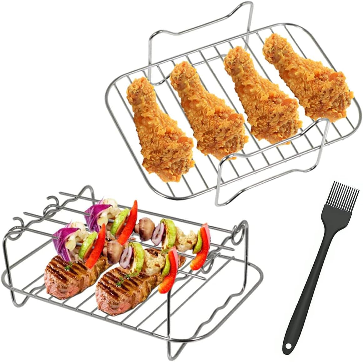 Techson 2PCS Air Fryer Rack, Double Layer Rack with 4 Skewers and Brush, Stainless Steel Kebab Grill Rack Holder, Air Fryer Accessories for AF300UK/AF400UK