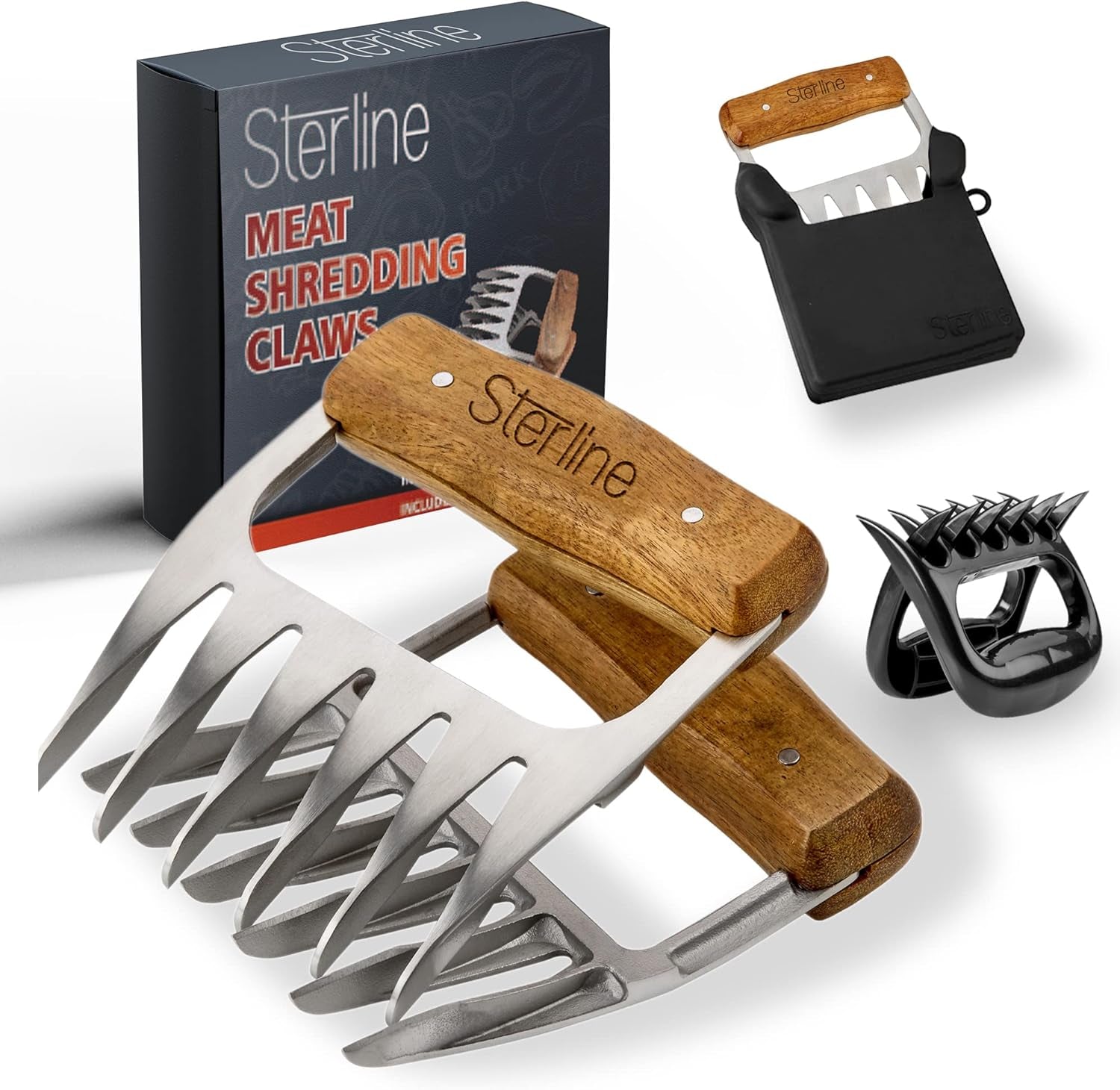 Sterline Meat Shredder Claws Set - 5 Pieces - T304 Stainless Steel Fork with Silicone Protector, Wooden Handle for Easy Lifting, Shredding Pulled Pork, Chicken, Brisket - BBQ Grilling Accessory Gift