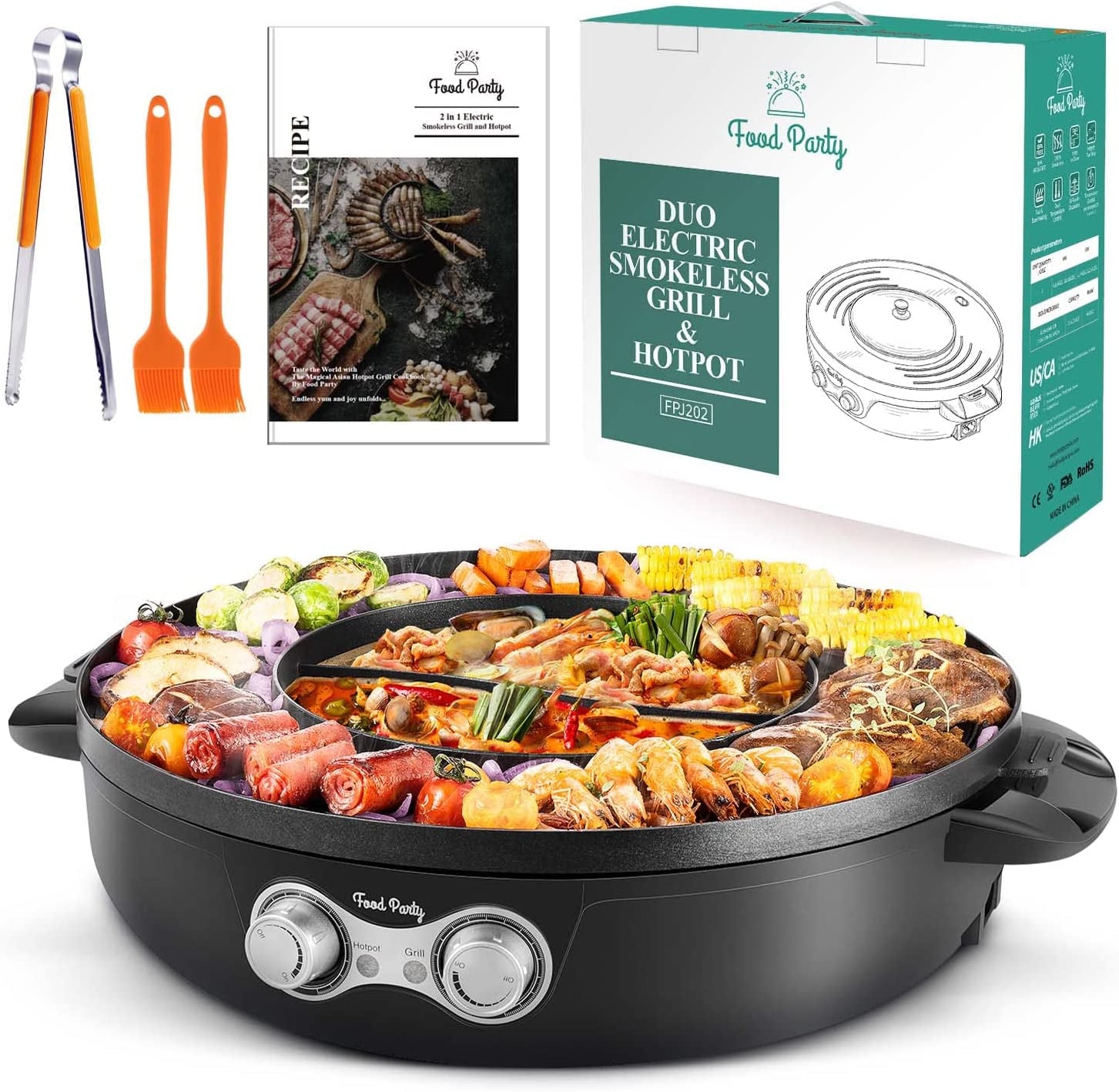 DUO Electric Smokeless Grill and Hot Pot, with Separable Cooking Plate, Deluxe Combo of 1 Recipe Book, 1 Tong, 1 Oil Brush, 1 Pack of Parchment Paper, for Hotpot Korean BBQ, Barbecue & Grill