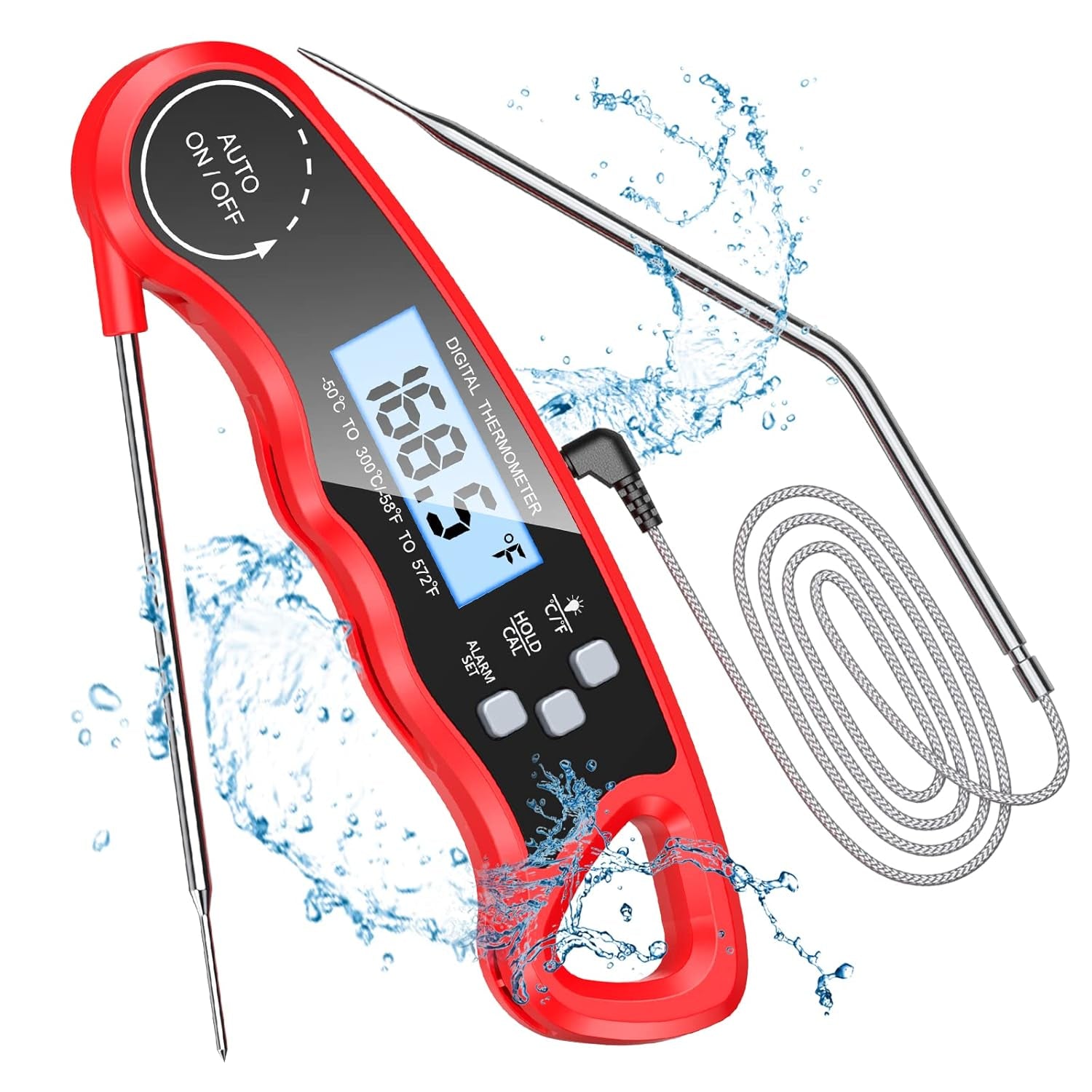 Meat Thermometer Instant Read, TEUMI Digital Food Thermometer with Dual Prode [1 Extra Wire Prode] and Alarm, BBQ Thermometer with ºf/ºc Button, Kitchen Cooking Thermometer for Oven Grill Smoker Candy