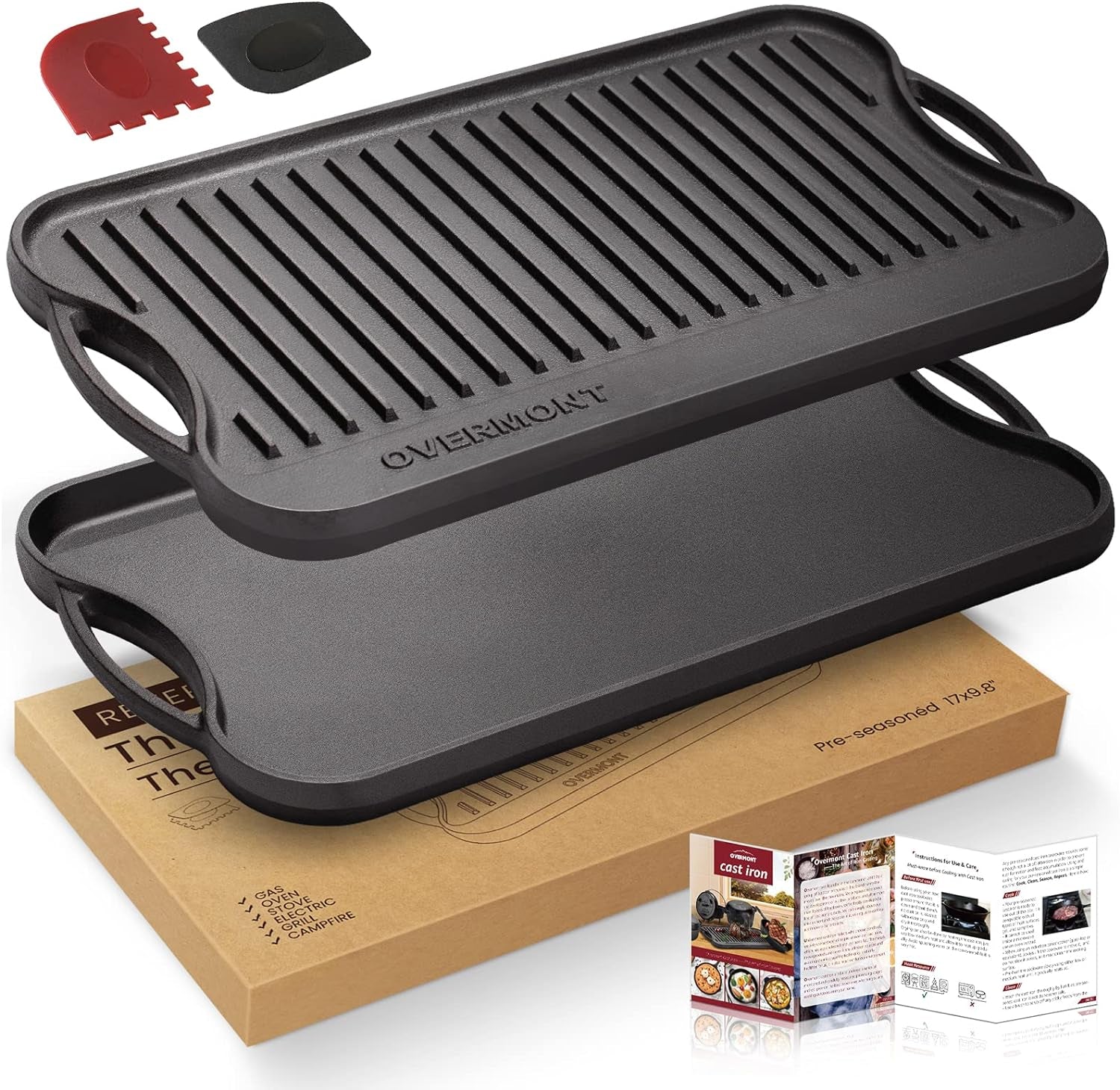 Overmont Reversible Grill Pan Cast Iron Pan 17X9.8" Pre-Seasoned Skillet with Handles for Stovetop Open Fire Oven, Scrapers Included