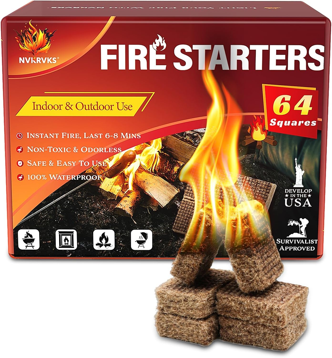 Nvkrvks Fire Starter, 64 Mini Square, Easy-Burning Fire Starter Squares for Wood Stoves, Campfires, Grill Pit and Fireplace, Natural & Waterproof BBQ Fire Starters