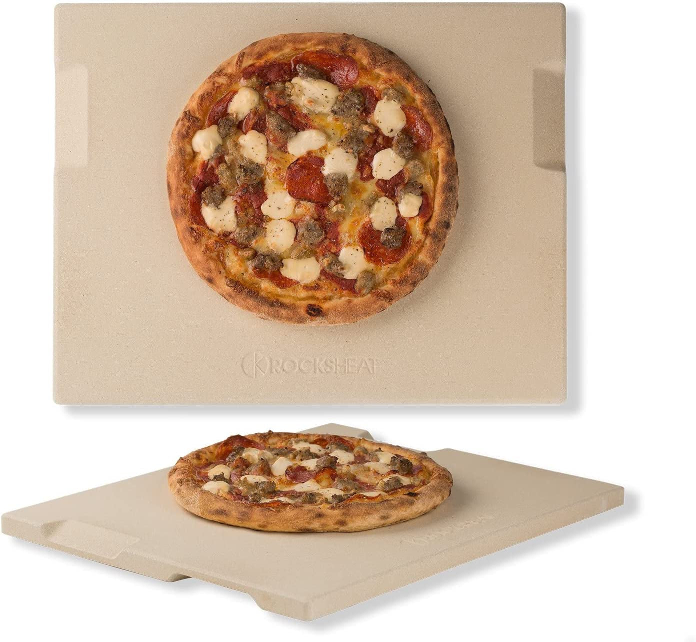 ROCKSHEAT Pizza Stone Made of Cordierite for Pizza & Bread Baking Grilling. Perfect for Oven or Grill. Innovative Unique Double - Faced Built - in 4 Handles Design (Rectangular 12"X15"X0.63")