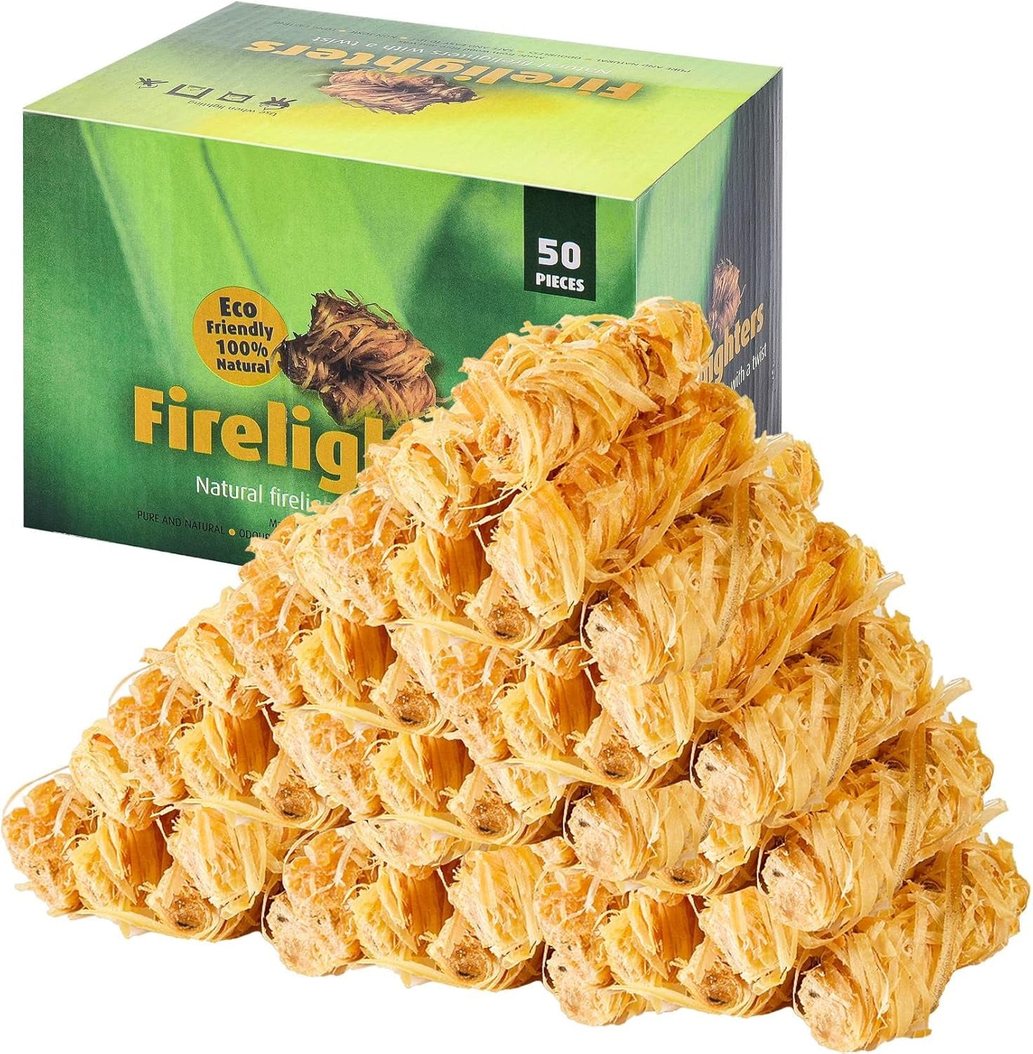 Onlyflame 50 Pcs Wax Wood Silk Roll - 100% Natural Charcoal Fire Starters for Fireplace, Wood Stove, Campfires, Fire Pit, BBQ, Chimney, Pizza Oven - Charcoal Starters for Indoor/Outdoor Use