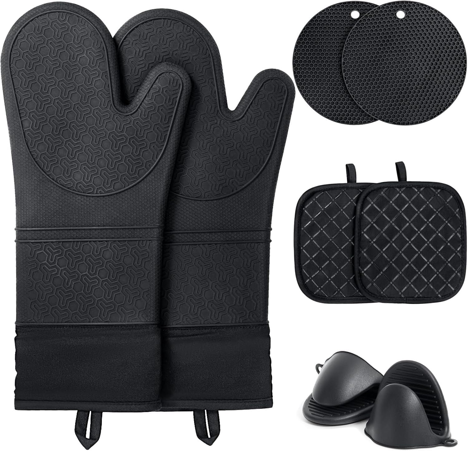 Funnydin Oven Mitts and Pot Holders Sets, 8Pcs Pot Holders and Oven Mitts Heat Resistant, Kitchen Non-Slip Silicone Oven Mitts with Soft Cotton Lining, 14.5" Extra Long Oven Gloves for Cooking, Black