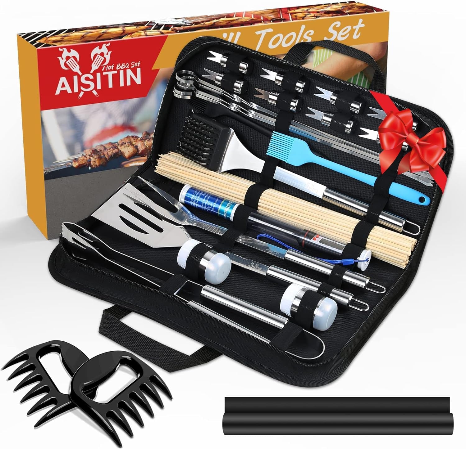 AISITIN 25PCS Bbq Accessories, Stainless Steel Grilling Set with Spatula, Thermometer and Meat Claws, a Super Plenty of Grilling Skewers, Perfect Grilling Accessories Gift Set, Durable Grilling Tools for Outdoor Camping and Grilling.