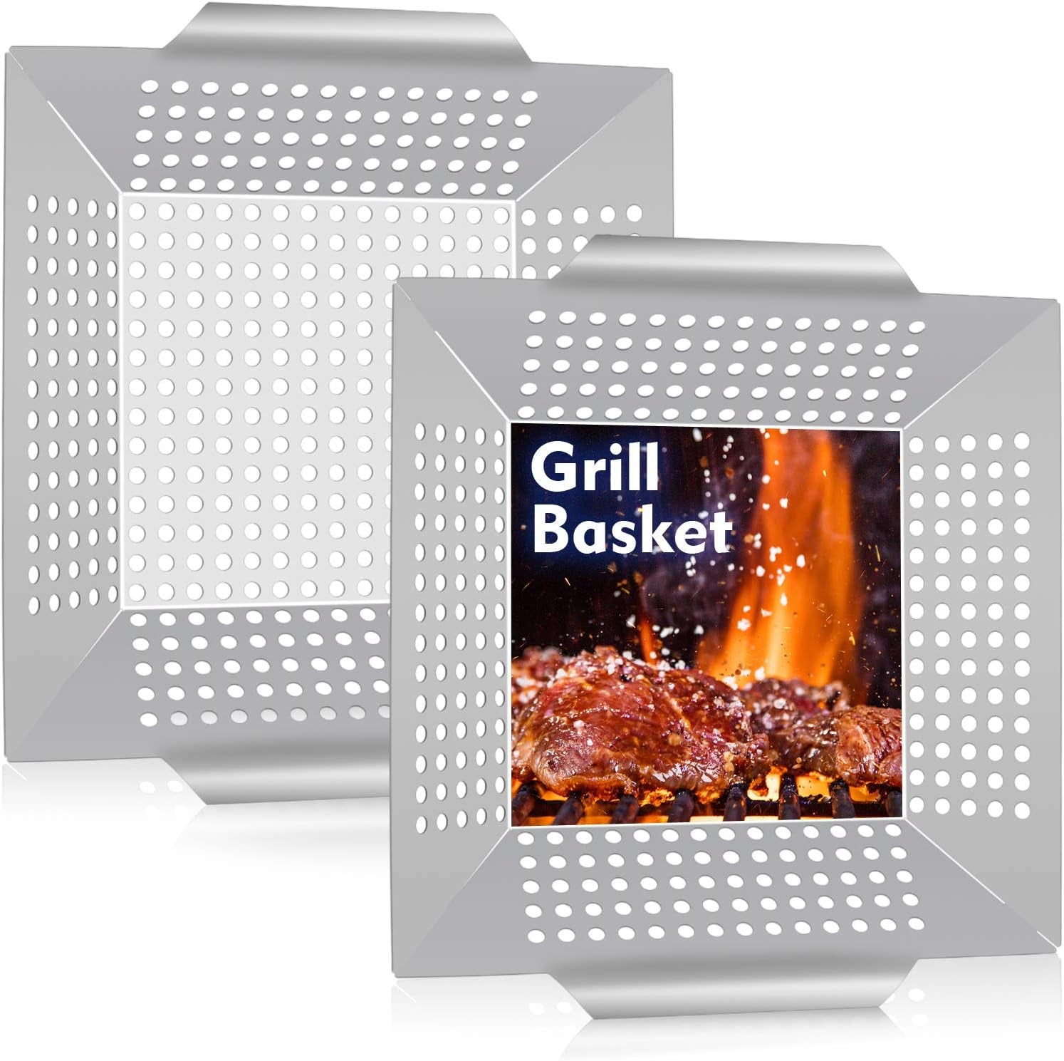 8” Grilling Basket, Hasteel Small BBQ Grill Basket Wok Set of 2 for Vegetable, Kabobs, Shrimps, Heavy Duty Stainless Steel Grilling Accessories for All Grills, Dishwasher Safe