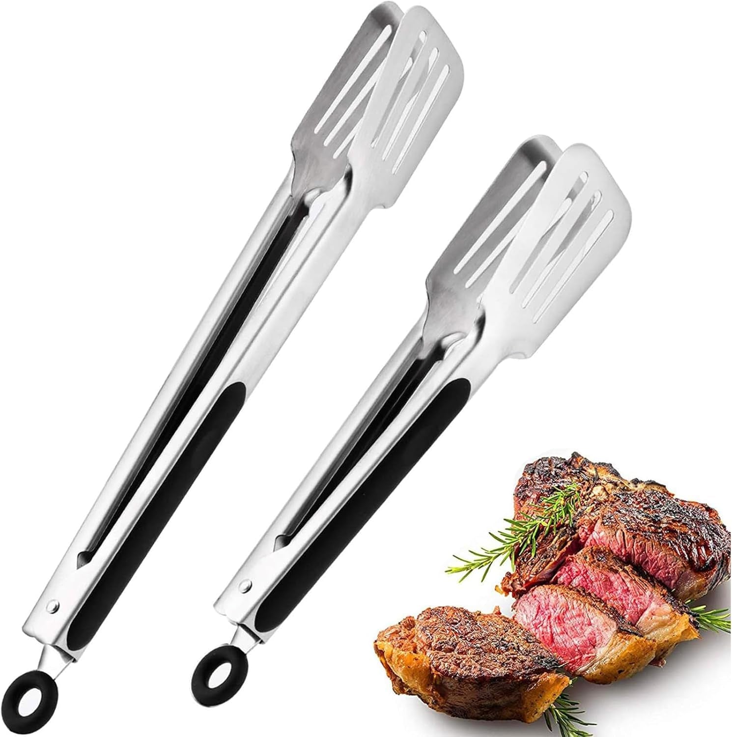 2 PCS Premium 304 Stainless Steel Barbecue Turners,9” and 12” Kitchen Tongs,Heavy Duty Non-Stick BBQ Cooking Kitchen Tongs,Stainless Steel Cooking Tongs with Non-Slip Silicone Grip