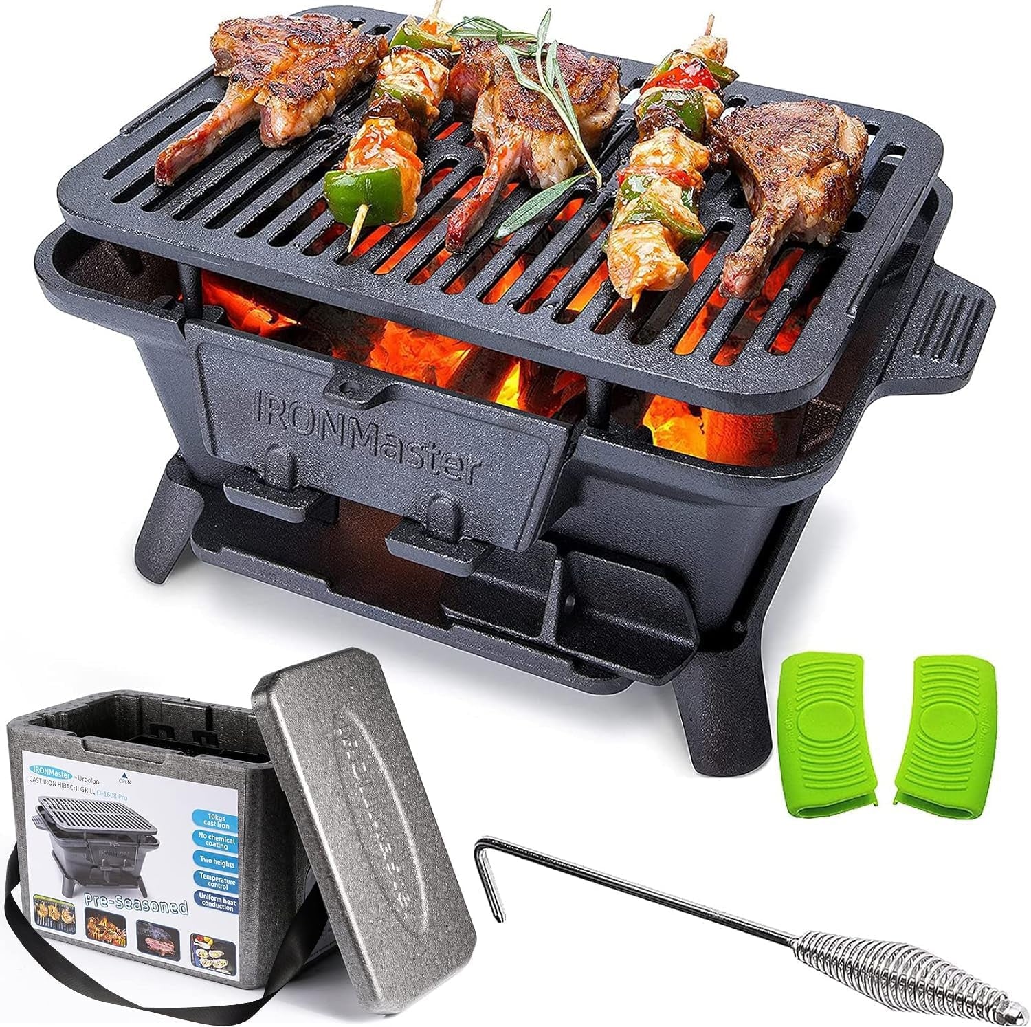 Ironmaster Portable Charcoal BBQ Grill, 100% Cast Iron Barbecue Hibachi Grill, Japanese Yakitori Camping Grill - 2 Heights, Air Control, Coal Door + Carrying Case