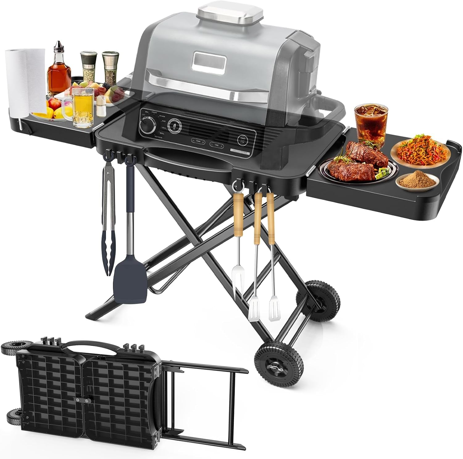 GFTIME Grill Table Trolley for Weber Q100 Q200 Q300 Series, Enders Urban, Nexgrill, Ninja Woodfire Grill, Ooni, Solo Stove, Burnhard Wayne, Grill Stand with Wheels for Most Portable Grills