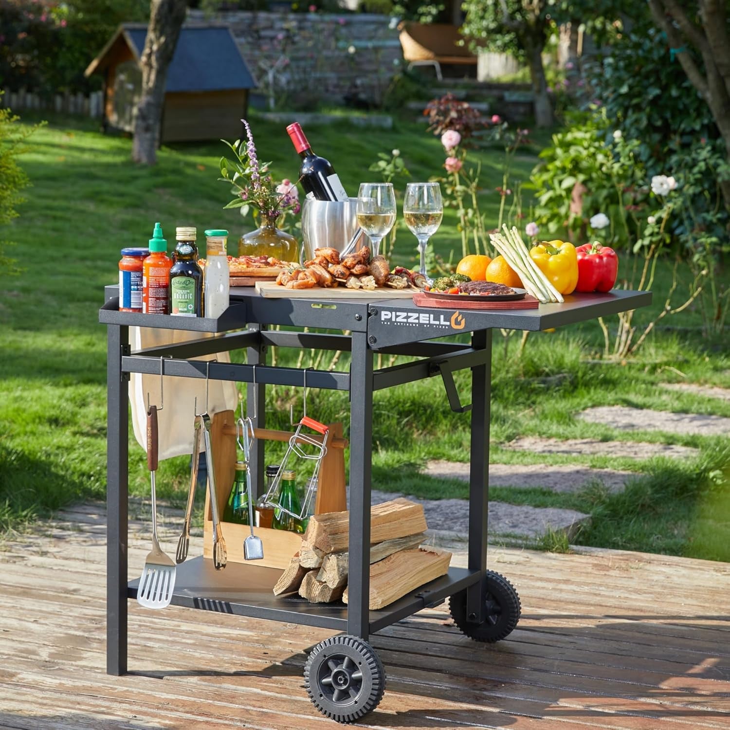 PIZZELLO Outdoor Grill Cart Double-Shelf Grill Table Foldable Tabletop Movable Food Prep Pizza Carts outside Kitchen Pizza Oven Stand Trolley with 2 Wheels, Hooks