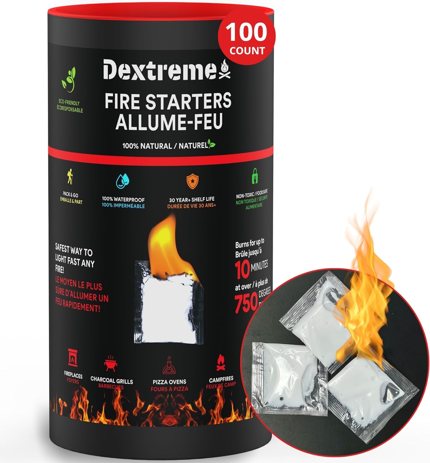 Dextreme Quick Instant Fire Starter 100Pcs - Waterproof All-Purpose Indoor & Outdoor Firestarter, for Charcoal Starter, Campfire, Fireplace, BBQ, Survival and Wood Stove - Odorless and Non-Toxic