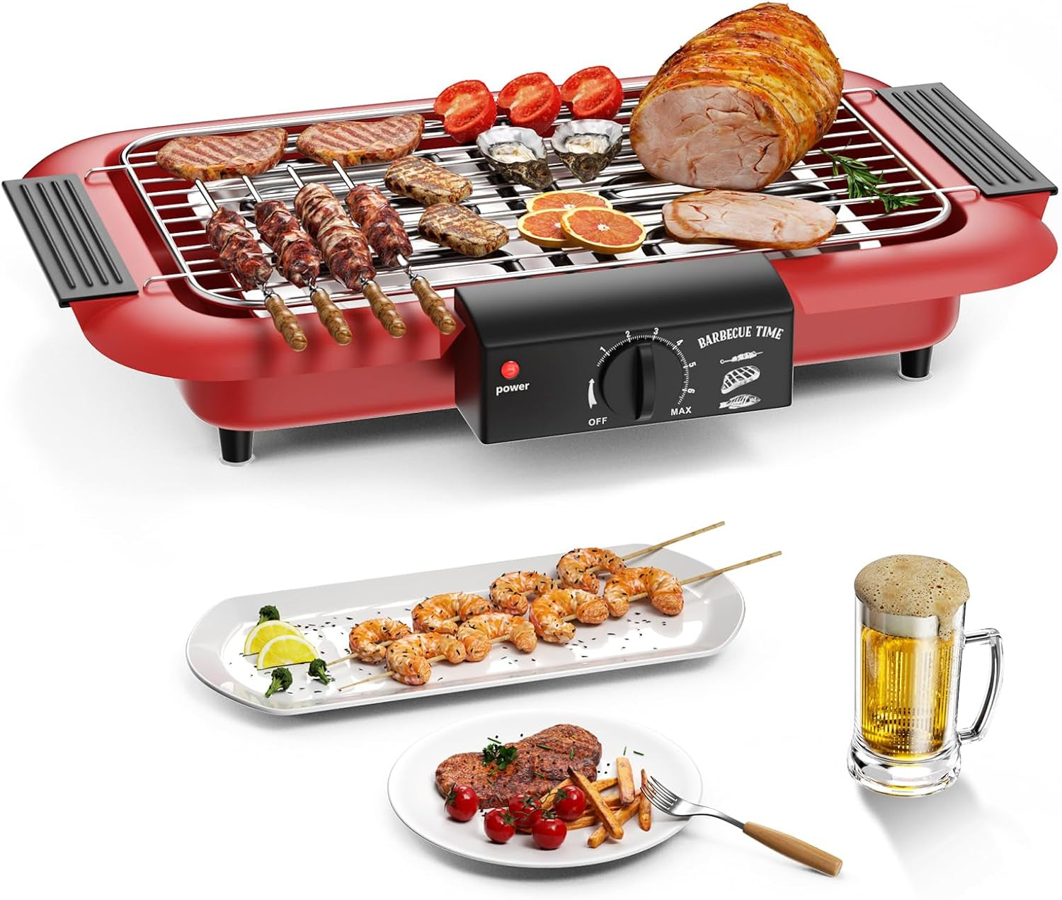 Electric BBQ Grill, Smokeless Non-Stick Indoor/Outdoor Barbecue Grill, 2000W Double Tube High Power Portable Removable Stand Grill for BBQ Party (Elegant Red)