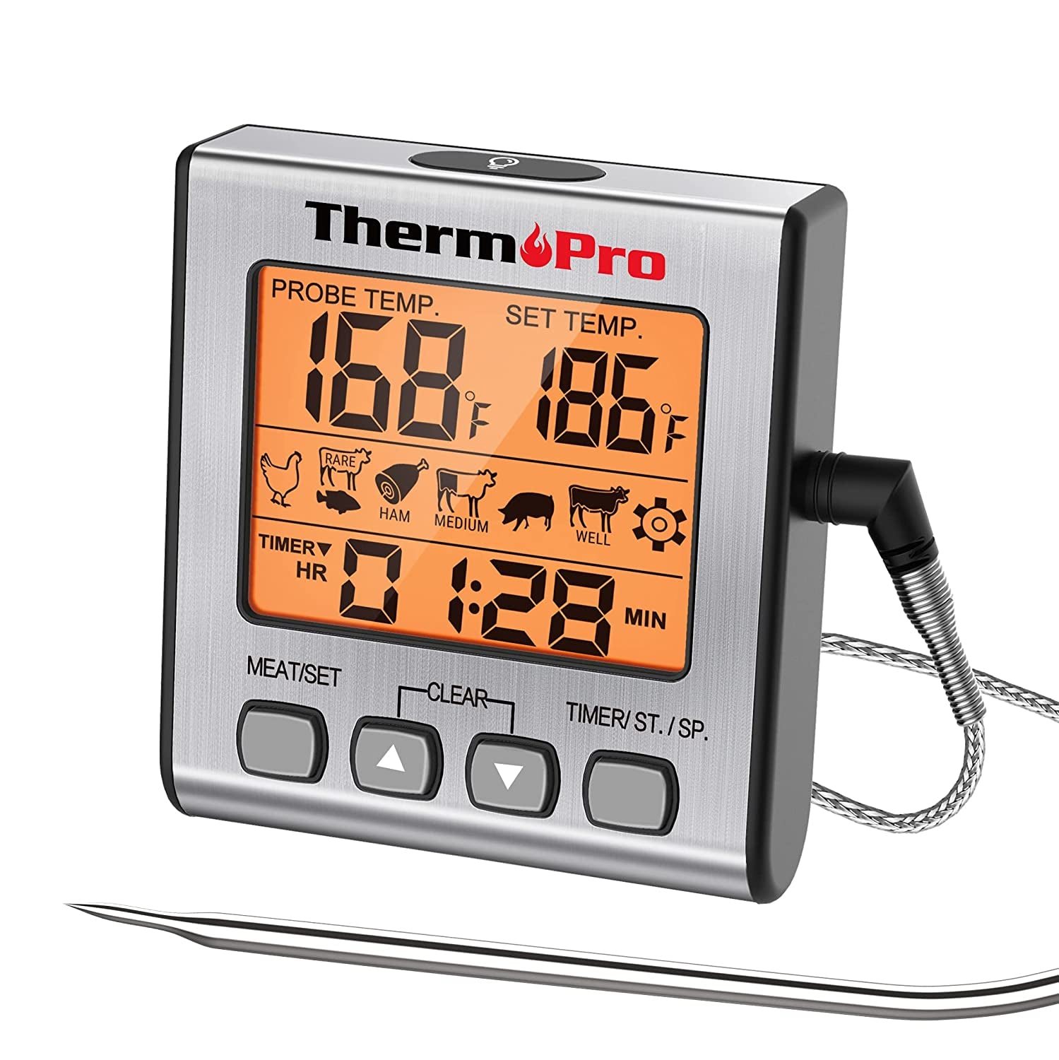 Thermopro TP16S Digital Meat Thermometer for Cooking and Grilling, BBQ Food Thermometer with Backlight and Kitchen Timer, Grill Temperature Probe Thermometer for Smoker, Barbecue, Oven, Cookware