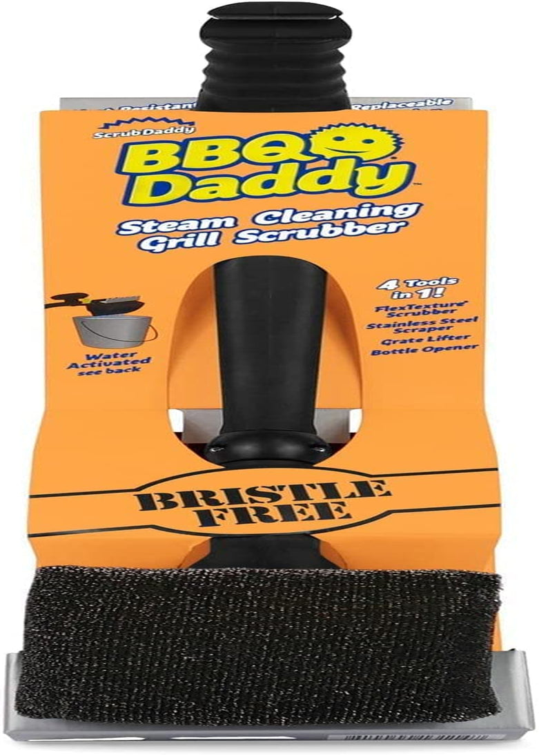 Scrub Daddy Grill Brush BBQ Daddy - Steam Clean with Steel Scrubber and Stainless Steel Scraper, Bottle Opener and Replacable Heads- No Bristles- Contains 1 Brush and 1 Scour Daddy Steel Head, 1Ct