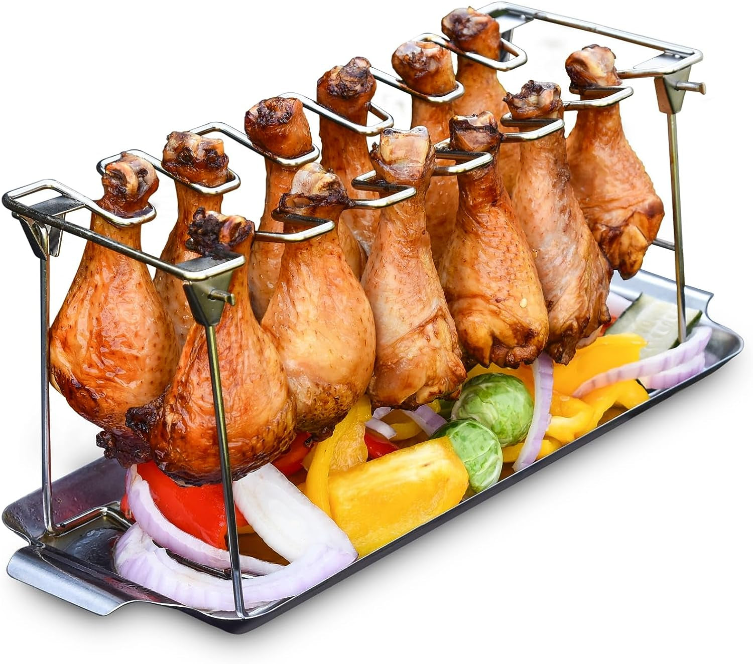 Chicken Leg and Wing Rack for Grill Smoker Oven - Easy to Use 12 Slots Chicken Leg Rack with Drip Tray - High Grade Stainless Steel Chicken Wing Rack Chicken Drumstick Holder for Perfect Cook