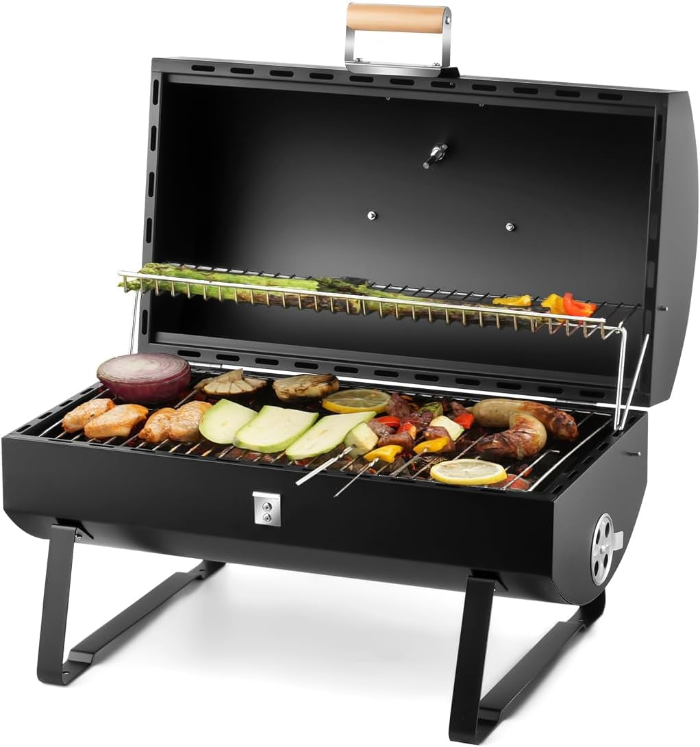 CUSIMAX Portable Charcoal Grill 18 Inch Barbecue Grill with Warming Rack, Locking Lid for Heat Preservation, Thermograph, Small Bbq Grill for Backyard,Beach,Camping, Black