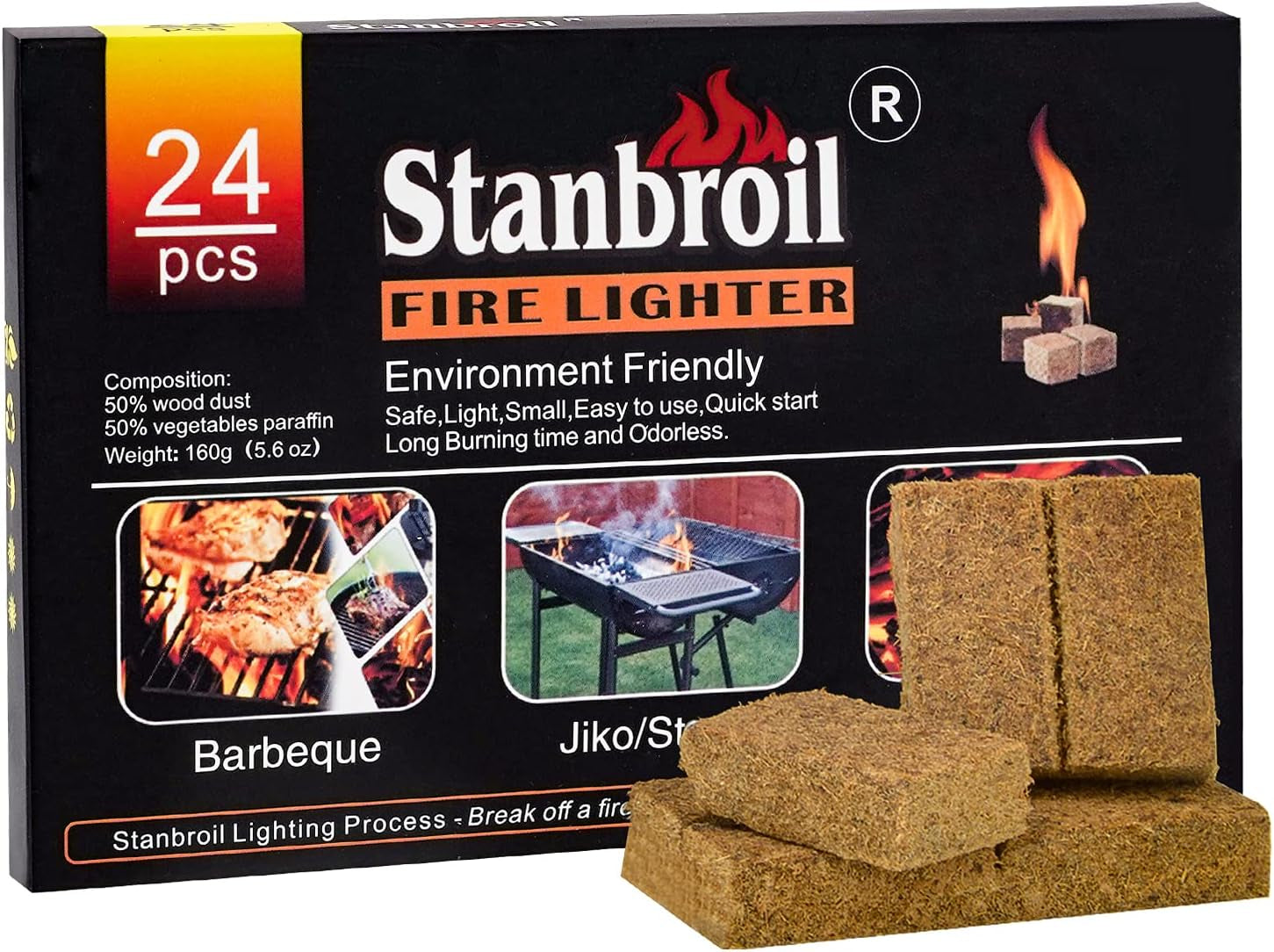 Stanbroil 24 Pcs Natural Charcoal Fire Starters, Super Fast Lighting Charcoal Starters Perfect for Fireplace, Campfire, Wood Stove, Fire Pit