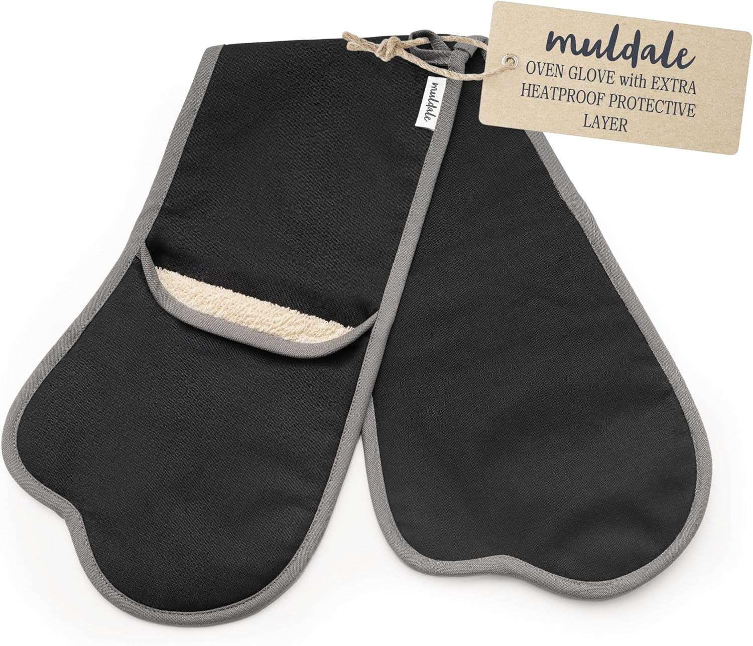 Muldale Professional Black Double Oven Mitts Attached - Heavy Duty Double Oven Mitts Attached - Pot Holders with Terry Towelling Interior and Heatproof Protective Layer