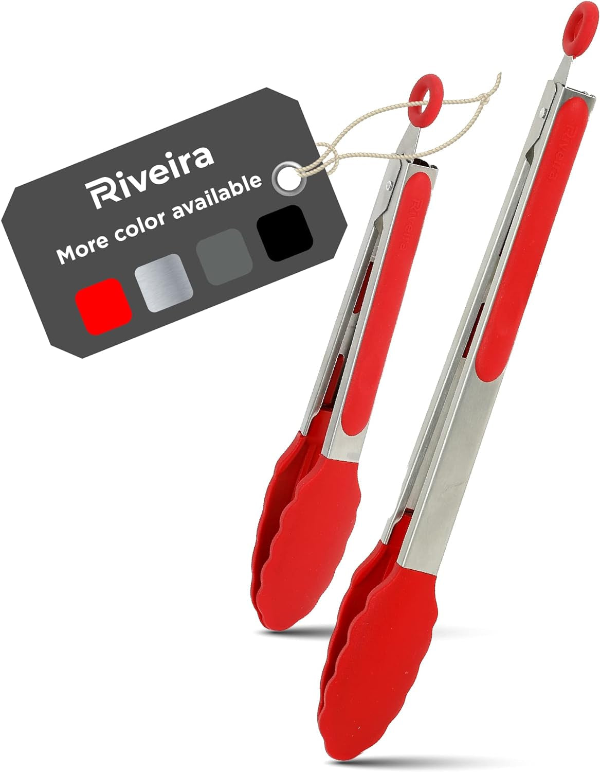 Riveira Red Tongs for Cooking with Silicone Tips | 9 and 12-Inch Pieces | Non-Stick Kitchen Grill Tongs | BBQ Tongs for Grill | 550°F High Heat-Resistant Premium Silicone Tips | 304 Stainless Steel