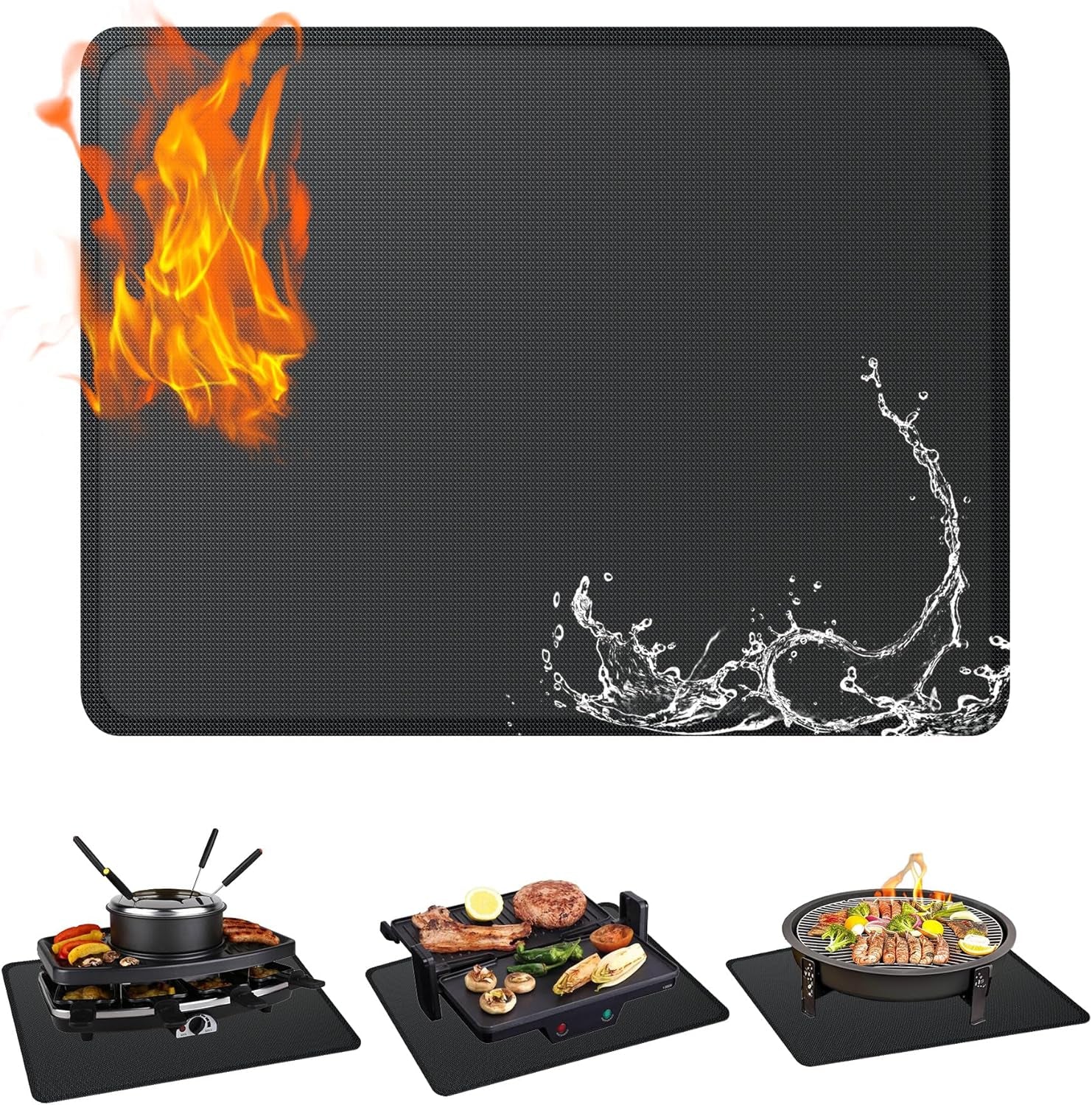 Aourow 48 X 30 Inches Fireproof BBQ Mat for under Grill,Double-Sided Oil-Proof Sillicone Fireplace/Fire Pit Mats for Outdoor Grill Deck & Patio Protector- Grill Pads & Floor Mats,Black