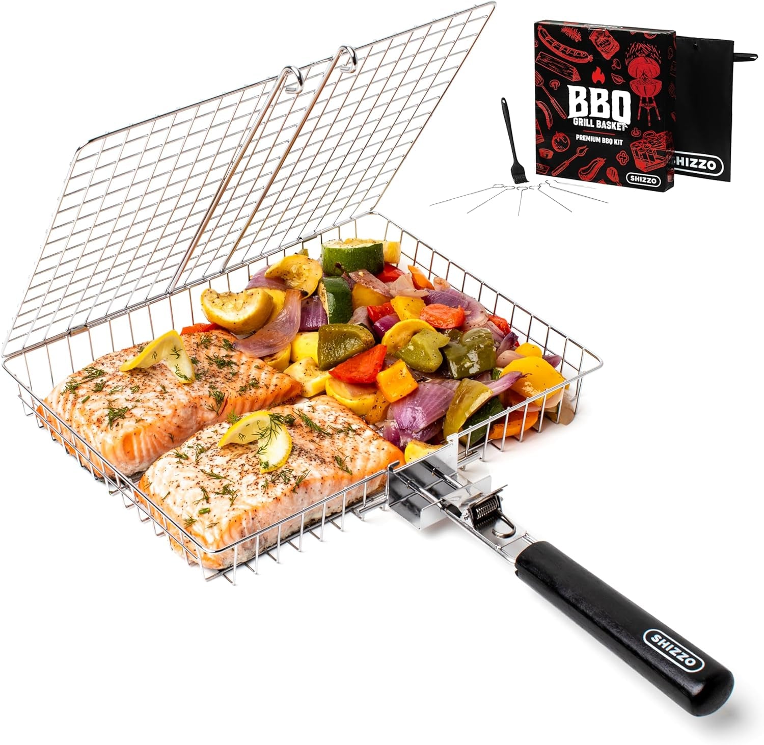 SHIZZO Grill Basket, Large Stainless Steel Foldable Grilling Accessory with Handle, Portable Outdoor Camping BBQ Rack for Fish, Shrimp, Vegetables