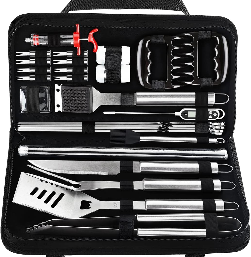 POLIGO 28PCS BBQ Accessories with Carrying Bag for Camping, Smoker, Kitchen, BBQ Utensils Set with Barbecue Claws, Meat Injector, Thermometer, BBQ Tools Kit Best Fathers Day Birthday Gifts for Dad Men