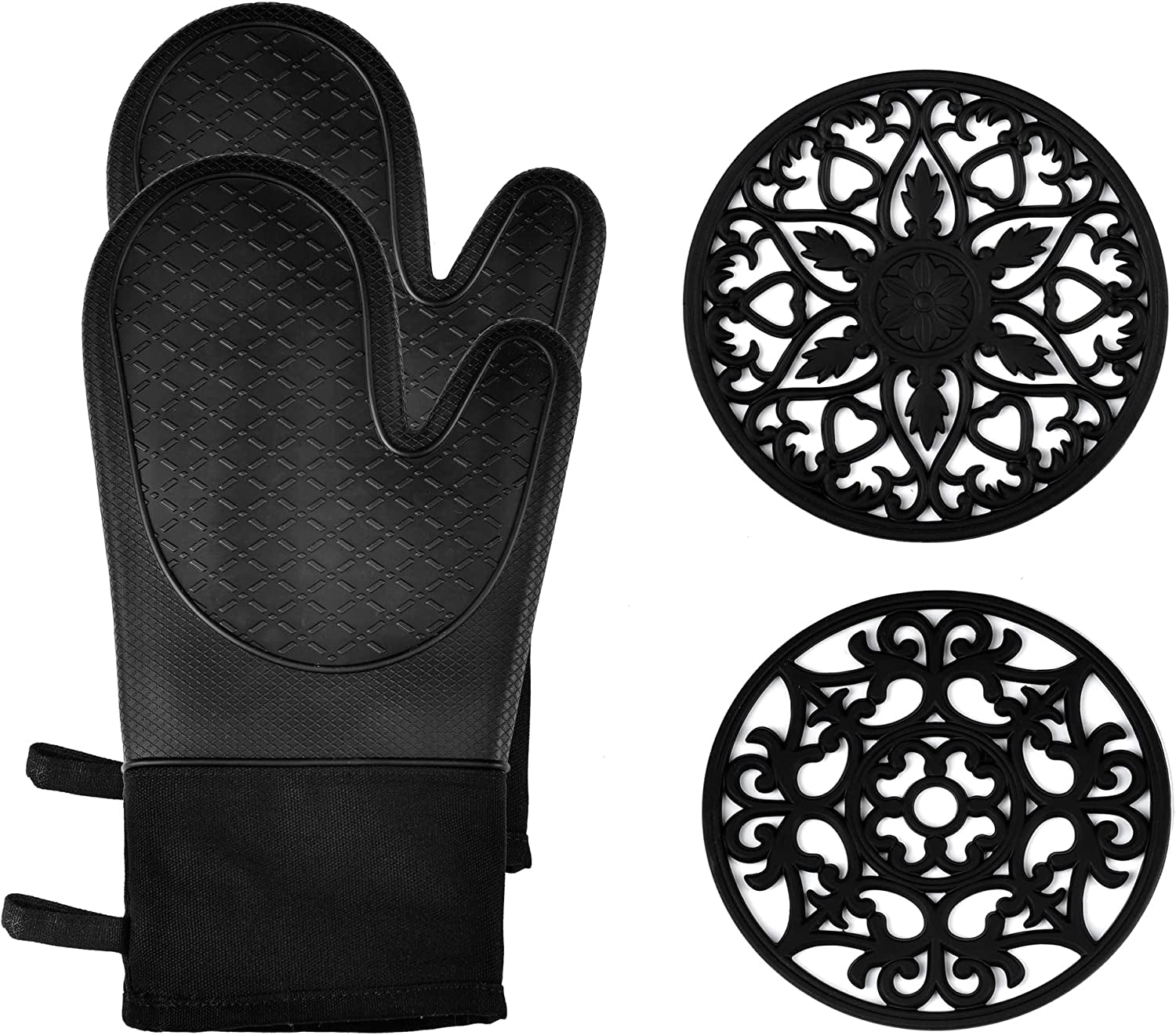 Domonic Home Oven Mitts and Pot Holders Sets, Silicone Oven Mitts Heat Resistant 600F, Soft Lining Good Grip Oven Mitts Sets, Oven Gloves and Silicone Trivet 4-Piece Set, Black