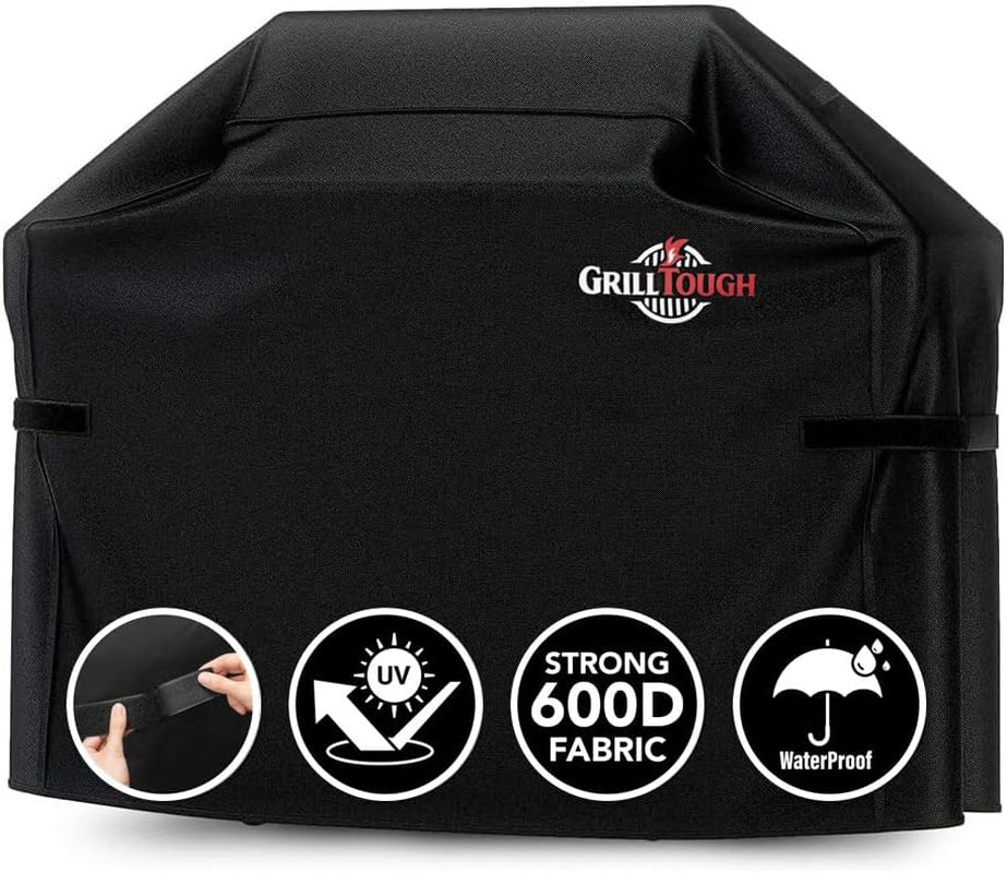 Grilltough Heavy Duty BBQ Grill Cover for Outdoor Grill, 58 Inch – Waterproof, Weather Resistant, UV & Fade Resistant with Fastening Straps – Gas Grill Cover for Weber, Genesis, Charbroil, Etc. Black