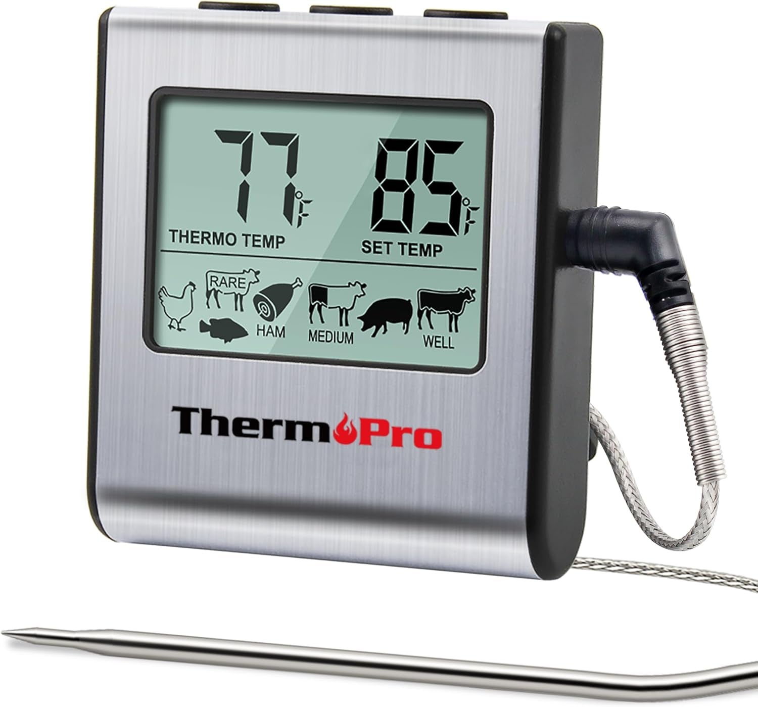 Thermopro TP16 Digital Meat Thermometer with Food-Grade Temperature Probe for Smoker Oven BBQ Grill Multifunctional Food Thermometer with Pre-Programmed Food Temperature Set and Timer