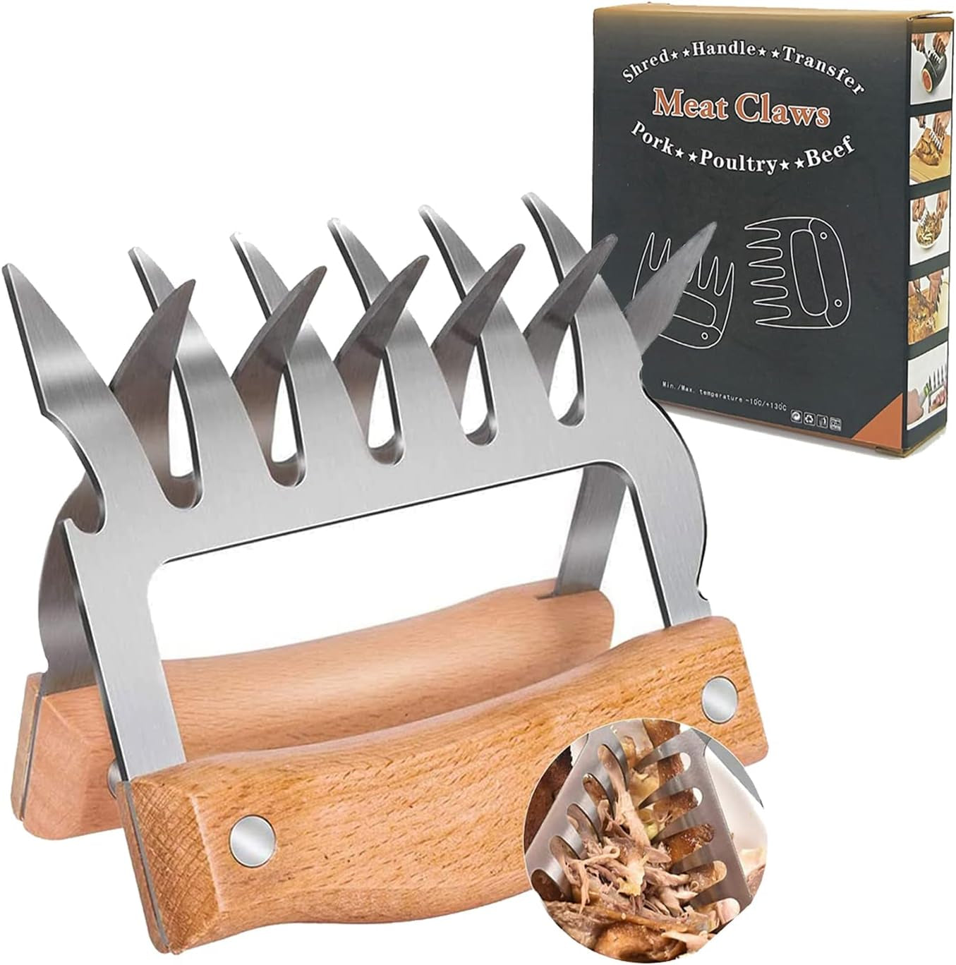 Ecloud Shop Metal Meat Claws Shredder, BBQ Shredding Cookware - Stainless Paws with Wooden Handle -2 Packs