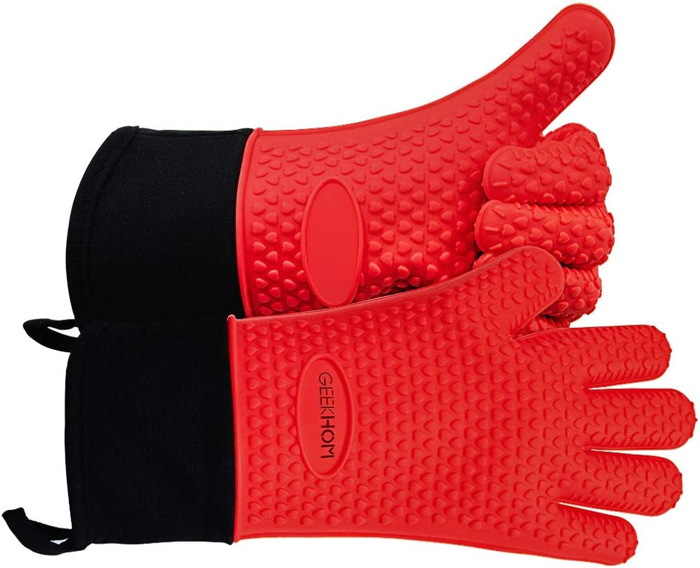 GEEKHOM BBQ Gloves, Grilling Gloves Heat Resistant Oven Gloves, Kitchen Silicone Oven Mitts, Long Waterproof Non-Slip Pot Holder for Barbecue, Cooking, Baking, Red