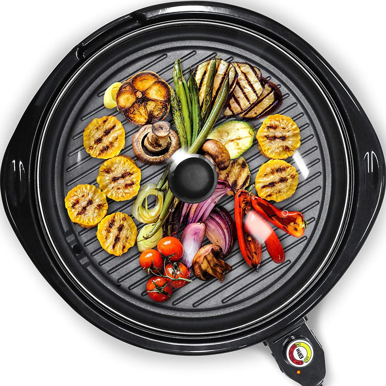 Elite Gourmet EMG-980B Smokeless Electric Tabletop Grill Nonstick, Korean BBQ Grill, 6-Serving, Dishwasher Safe Removable Grilling Plate, Grill Indoor, Tempered Glass Lid, Adjustable Temperature, 14" Black