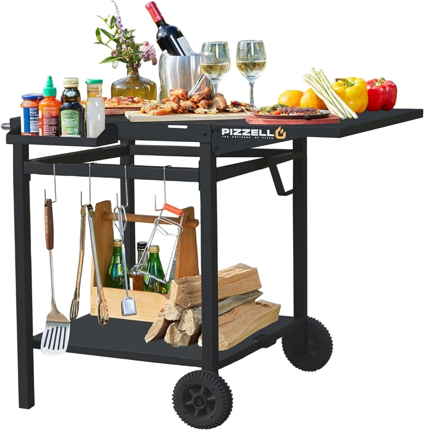 PIZZELLO Outdoor Grill Dining Cart Movable Pizza Oven Trolley BBQ Stand Double -Shelf Outdoor Worktable with 2 Wheels and 4 Hooks