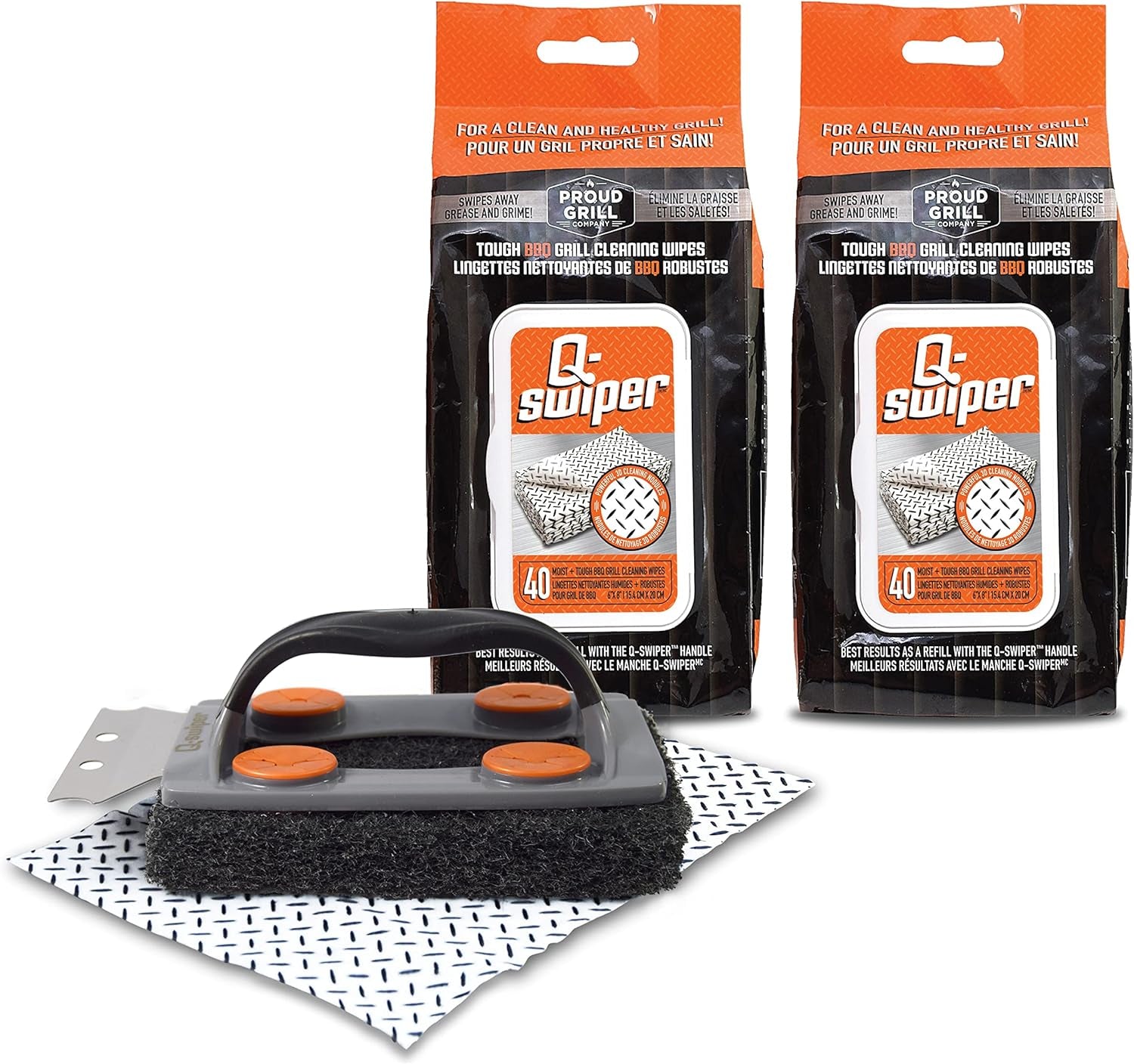 Q-Swiper BBQ Grill Cleaner Set - 1 Grill Brush with Scraper and 80 BBQ Grill Cleaning Wipes | Bristle Free & Wire Free | Safe Way to Remove Grease and Grime for a Clean and Healthy Grill!