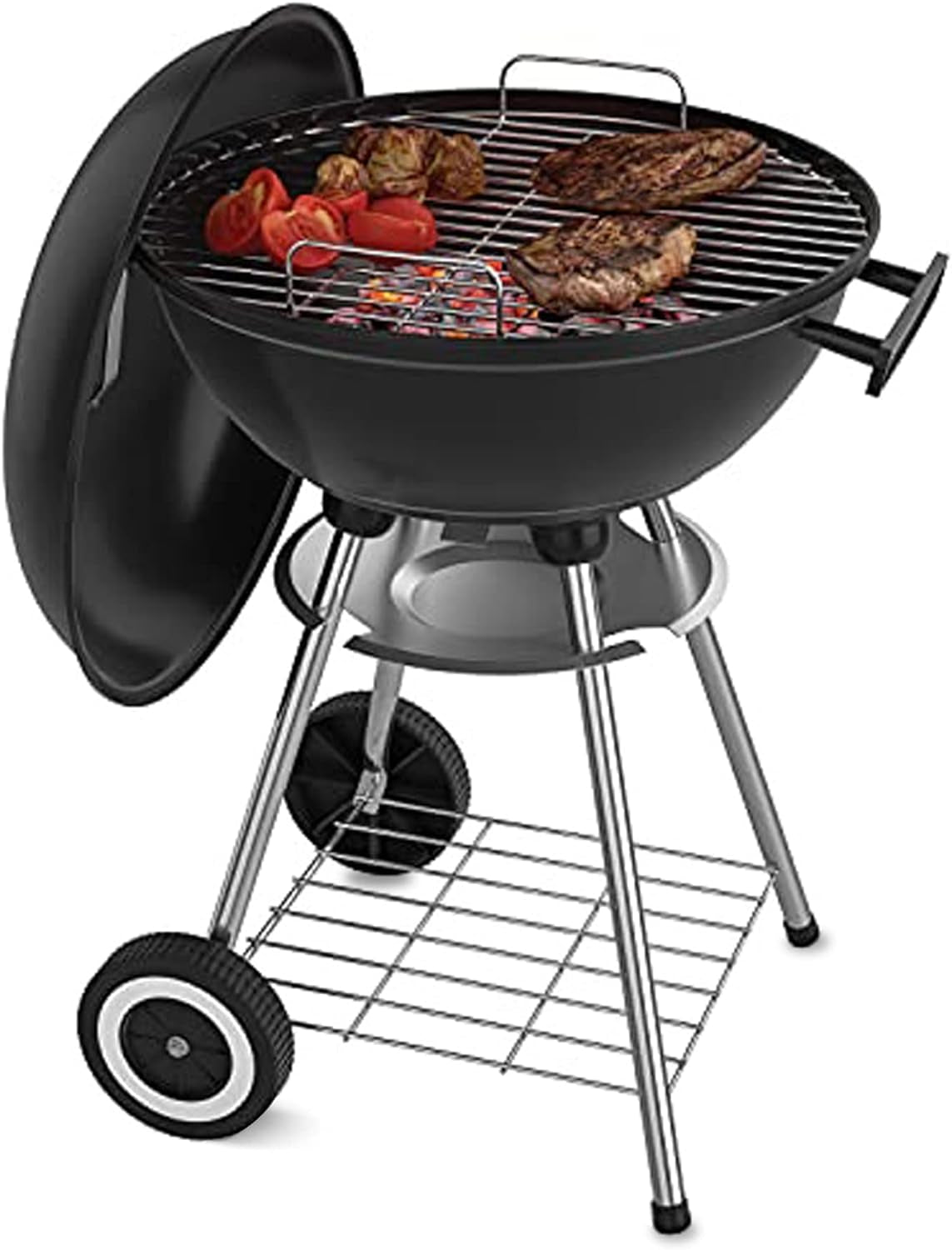 18 Inch Portable Charcoal Grill with 4 Legs and Wheels for Outdoor Cooking Barbecue Camping BBQ Coal Kettle Grill - Heavy Duty round with Thickened Grilling Bowl for Small Patio Backyard