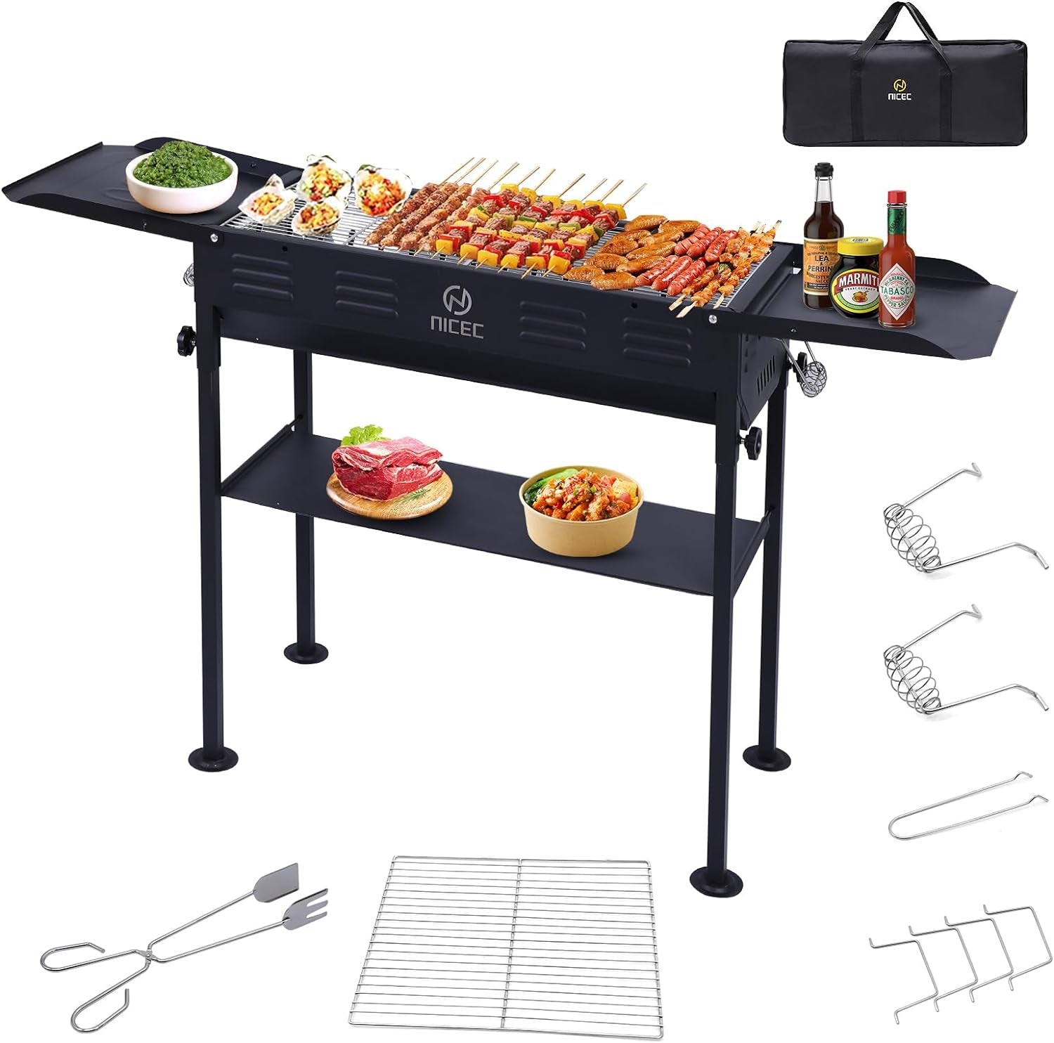 Nice C Portable Charcoal Grill, Folding Camping Grills, BBQ Grill for Hibachi Skewers with Side Table, Stainless Grills, Storage Shelf, and Carry Bag for Camping, Picnic, Patio (Black)