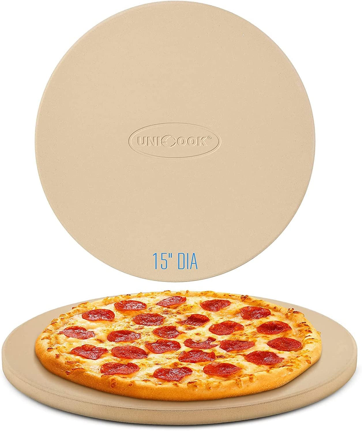 UNICOOK Heavy Duty Ceramic Pizza Grilling Stone, 15 Inch round Baking Stone, Pizza Pan, Perfect for Oven, BBQ and Grill, Thermal Shock Resistant, Durable and Safe, 6.5Lbs