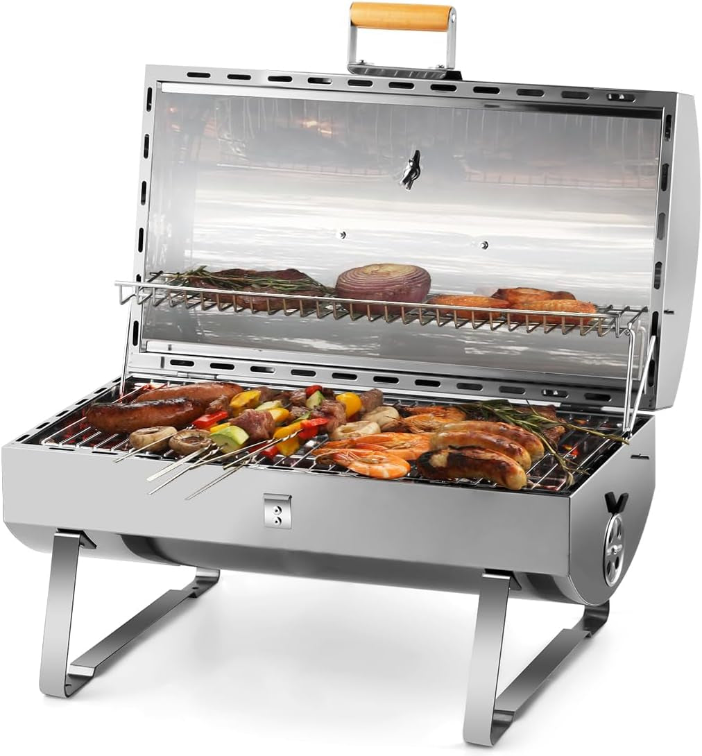 CUSIMAX Portable Charcoal Grill 18 Inch Barbecue Grill with Warming Rack, Locking Lid for Heat Preservation, Thermograph, Small Bbq Grill for Backyard,Beach,Camping, Silver