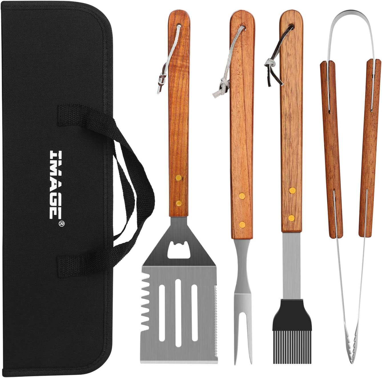 IMAGE 4 PCS Stainless Steel BBQ Grill Tool Set, Multifunctional Spatula, Barbecue Tong,Basting Brush,Meat Fork Durable in Use Grilling Kit for Cooking, Backyard Barbecue & Outdoor Camping