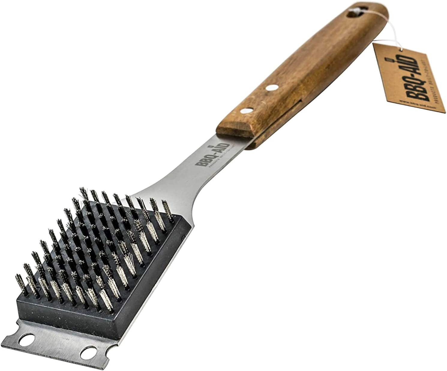 Bbq-Aid Grill Brush and Scraper for Barbecue – Grill Brush for Outdoor Grill with Extended, Large Wooden Handle and Replaceable Stainless Steel Bristles Head –No Scratch- BBQ Grill Brush for Any Grill